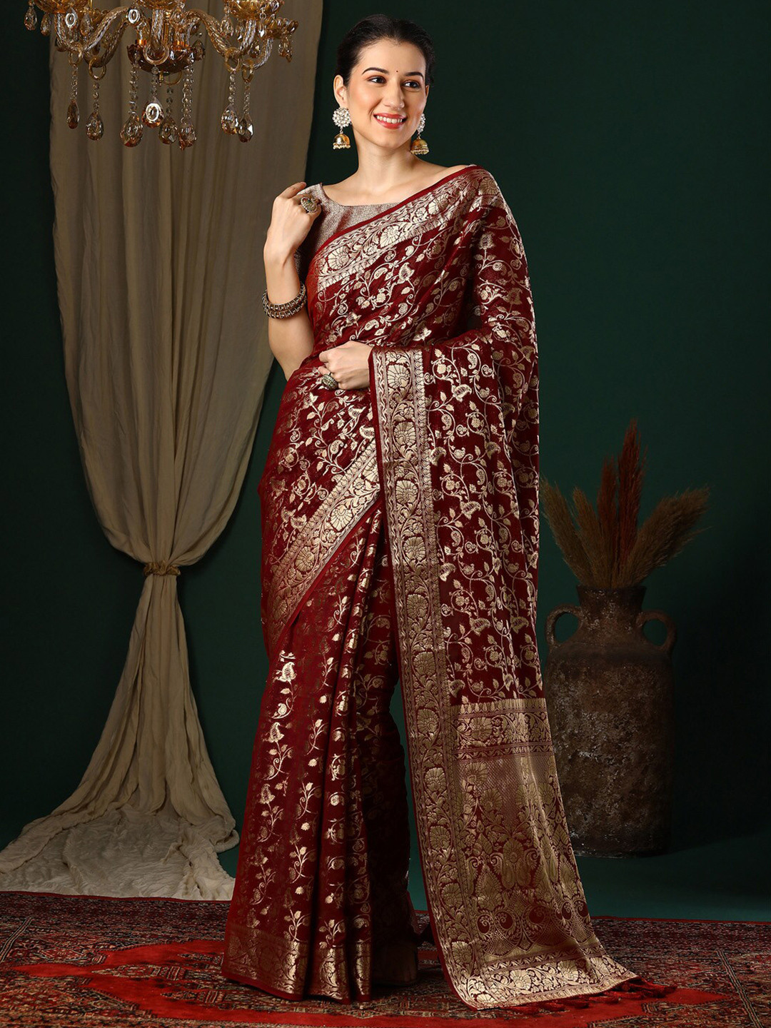 

Anouk Ethnic Motifs Zari Pure Georgette Kanjeevaram Saree, Maroon