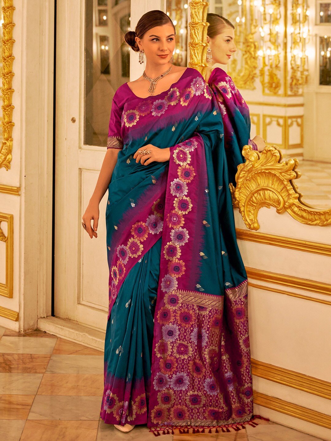 

Anouk Teal Blue Ethnic Motifs Woven Design Zari Banarasi Saree