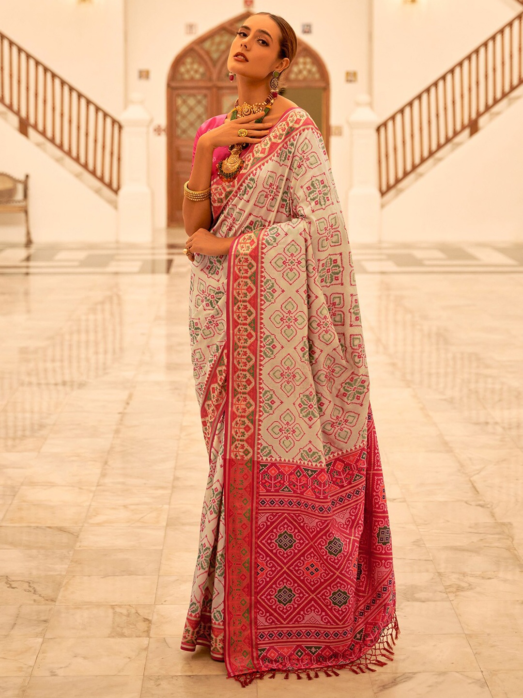 

Anouk Grey Ethnic Motifs Woven Design Ikat Saree