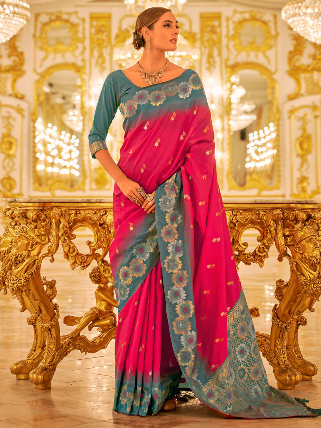 

Anouk Pink Floral Printed Zari Banarasi Saree