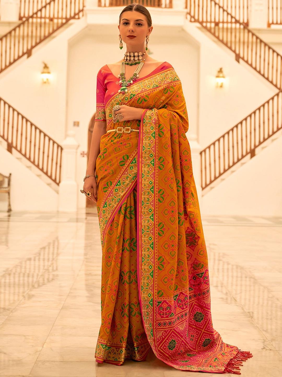 

Anouk Ethnic Motifs Ikat Saree, Mustard