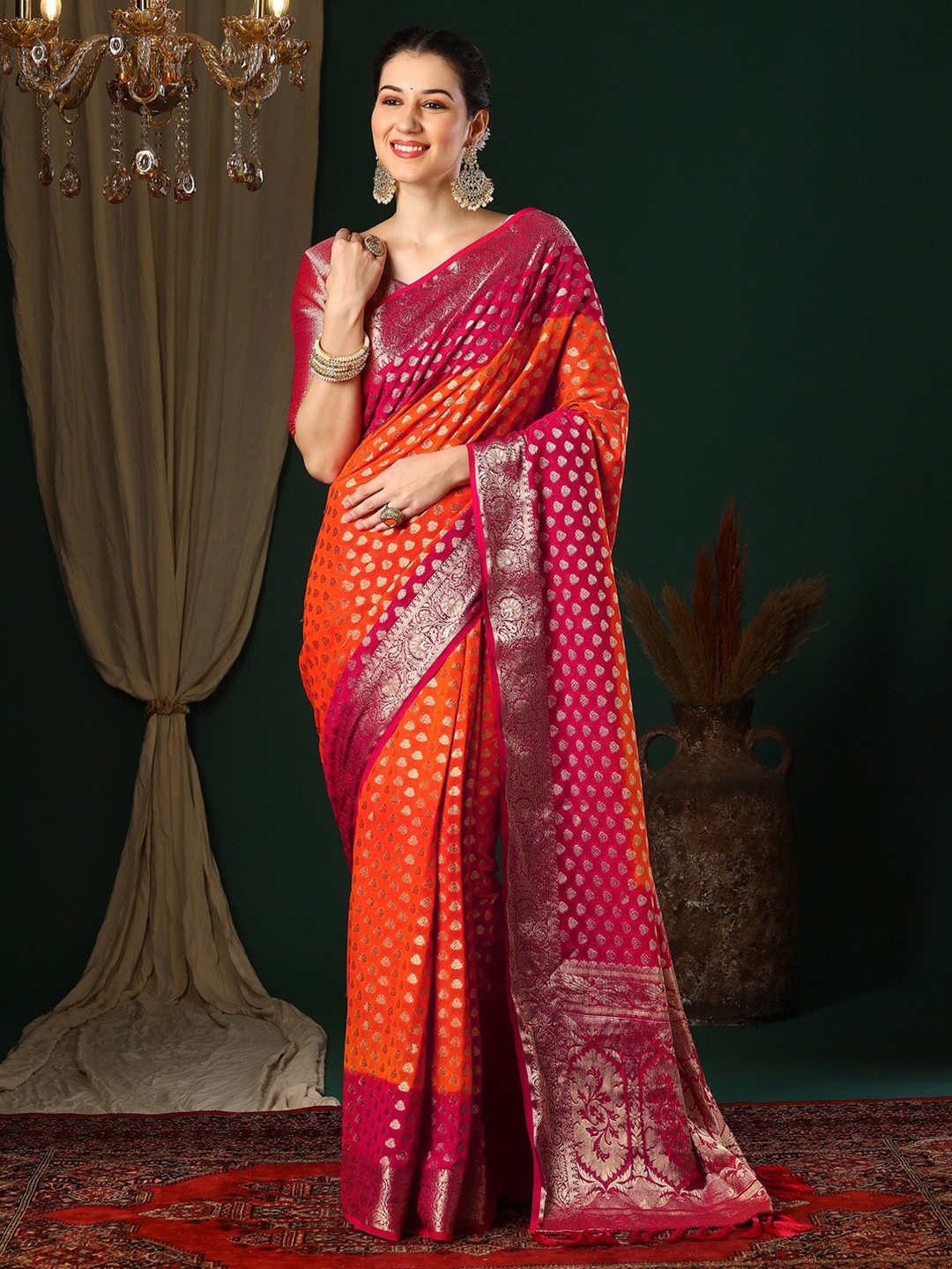 

Anouk Ethnic Motifs Zari Pure Georgette Kanjeevaram Saree, Orange