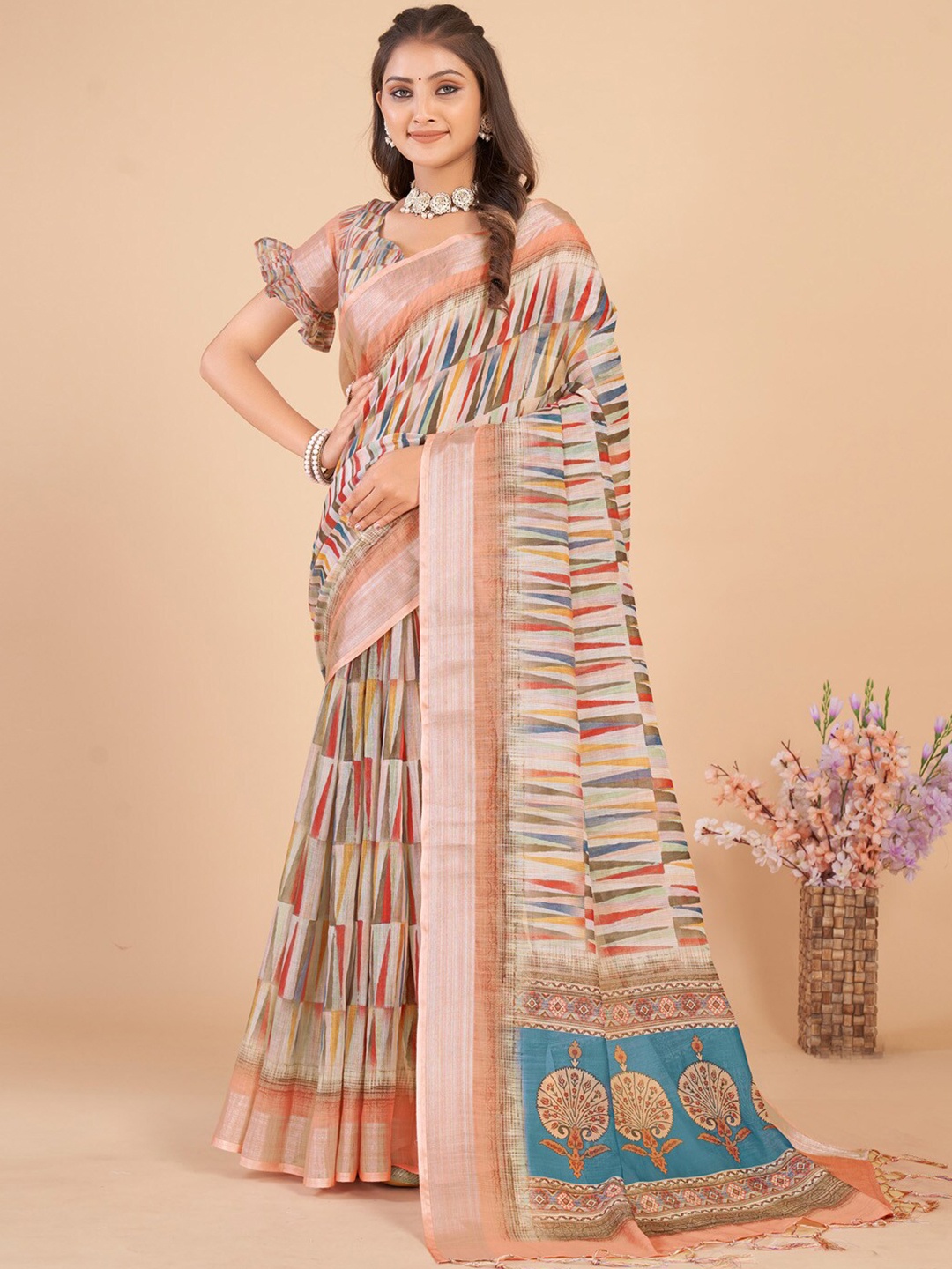 Anouk Geometric Print Sungudi Saree, Peach
