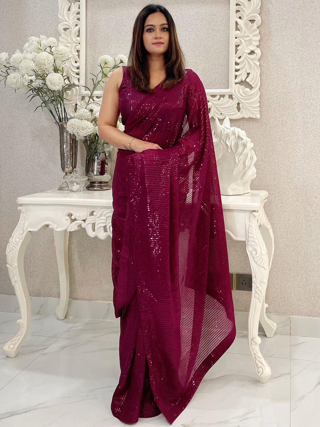 

Anouk Embellished Sequinned Pure Georgette Saree, Magenta