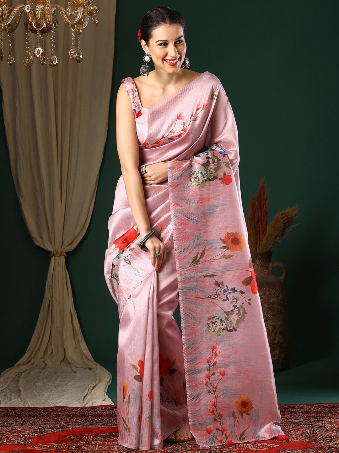 

Anouk Pink Floral Printed Art Silk Bagru Saree