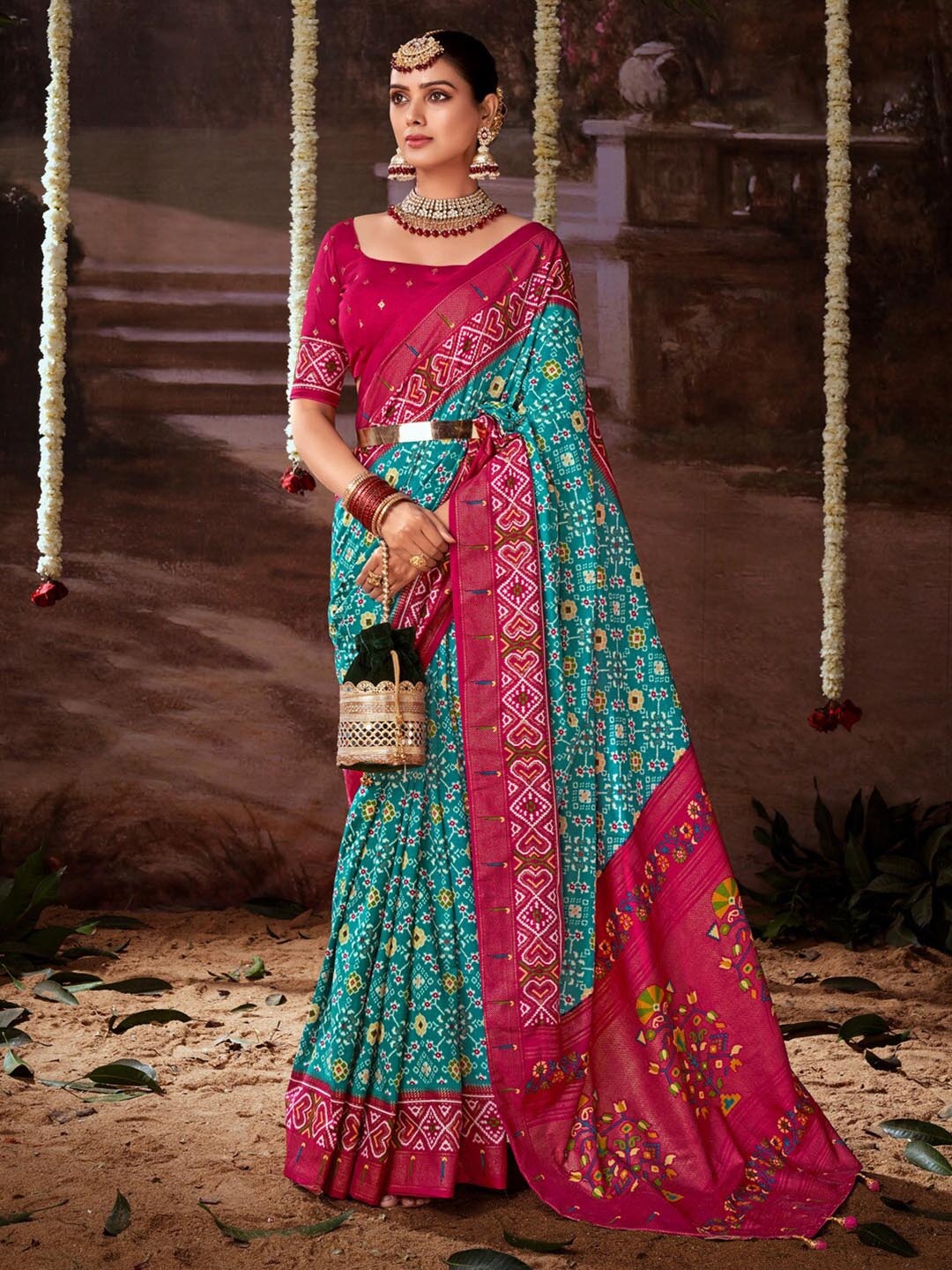 

Anouk Blue Ethnic Motifs Woven Design Zari Pochampally Saree