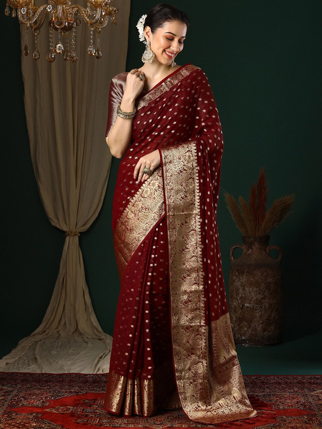 

Anouk Ethnic Motifs Zari Pure Georgette Kanjeevaram Saree, Maroon