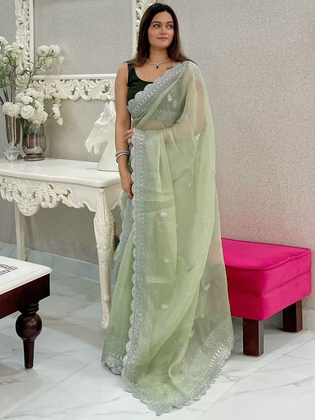 

Anouk Green Embellished Sequinned Organza Saree