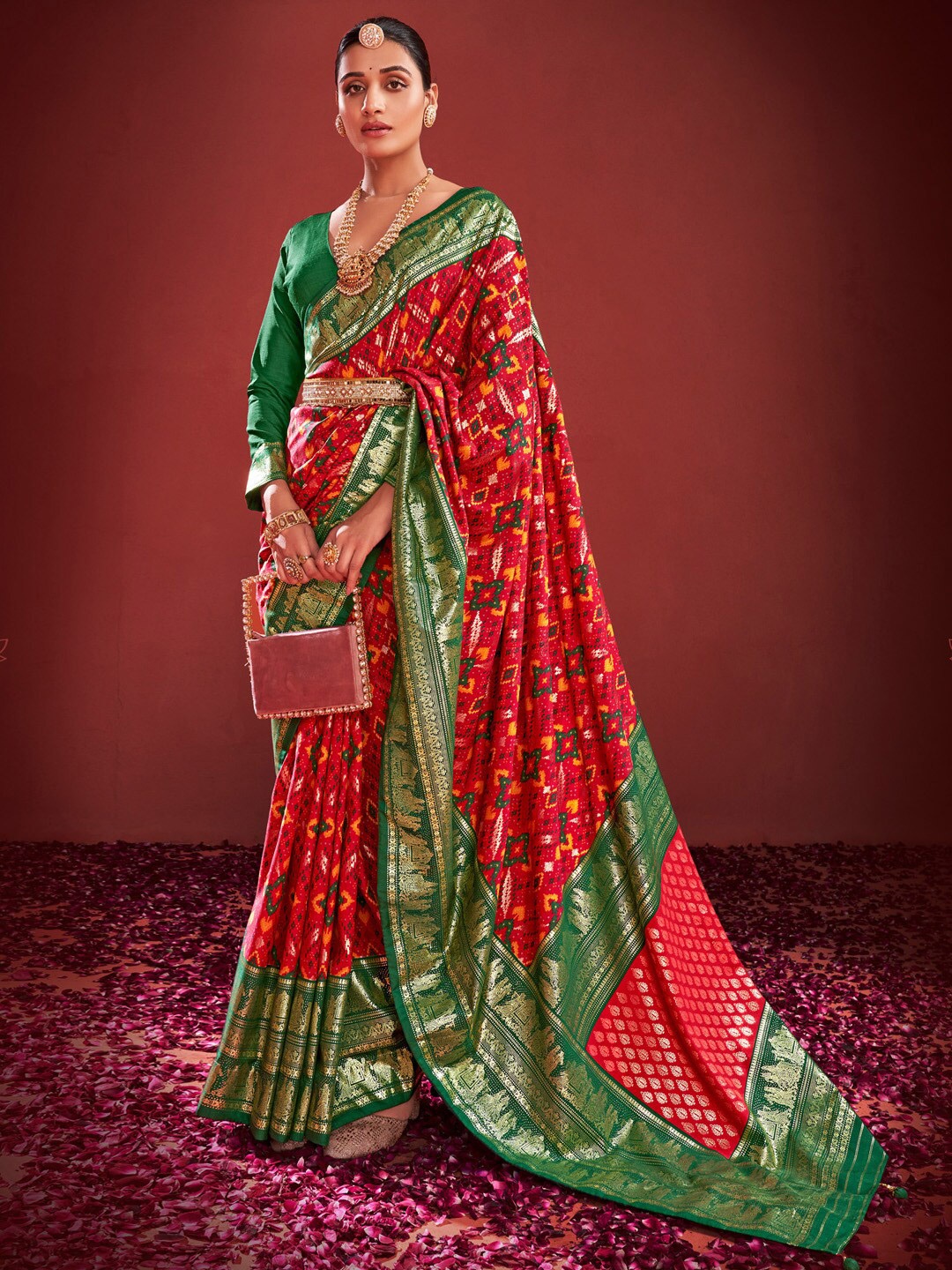 

Anouk Red Ethnic Motifs Woven Design Zari Pochampally Saree