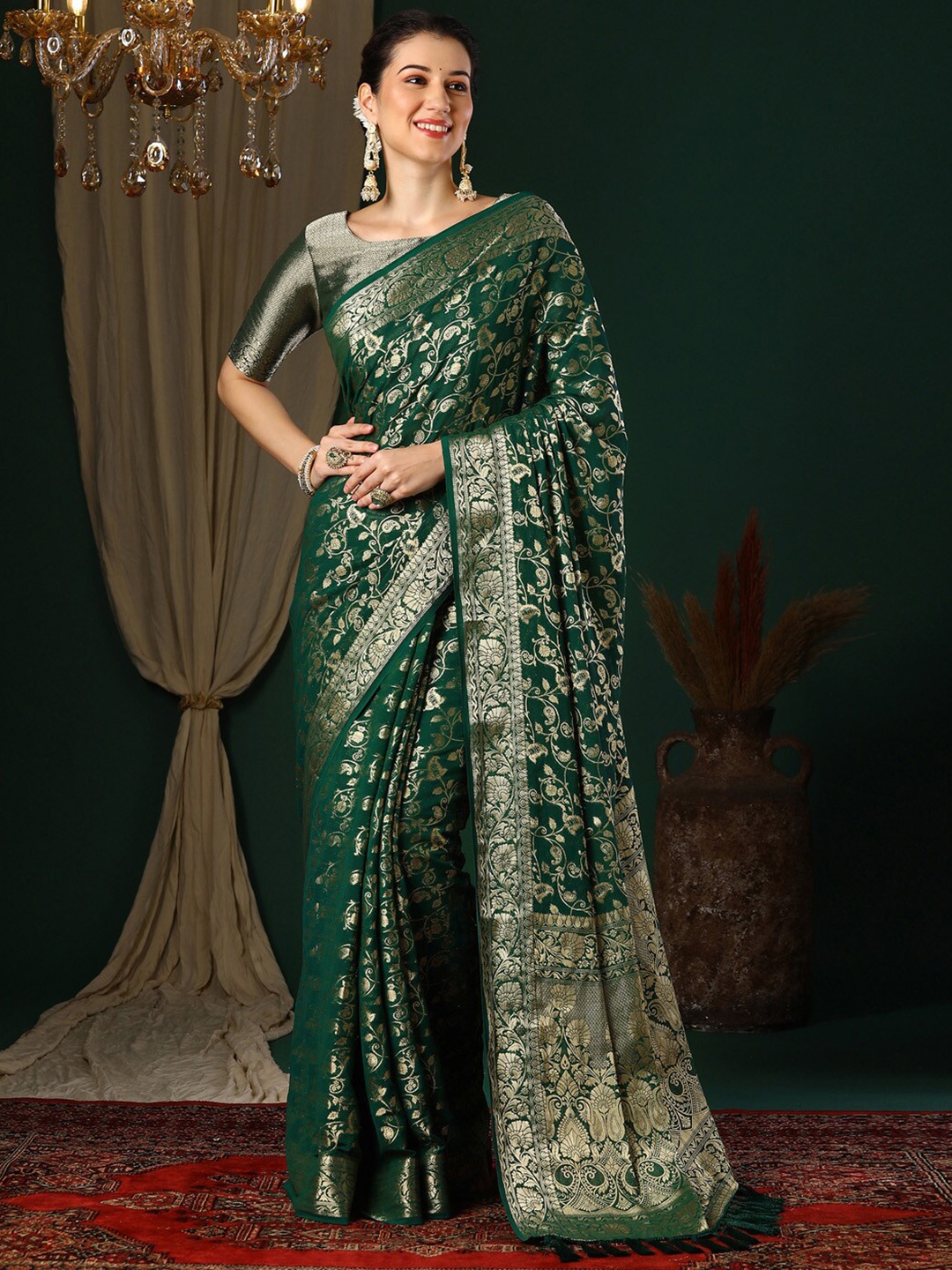 

Anouk Green Ethnic Motifs Woven Design Zari Pure Georgette Kanjeevaram Saree
