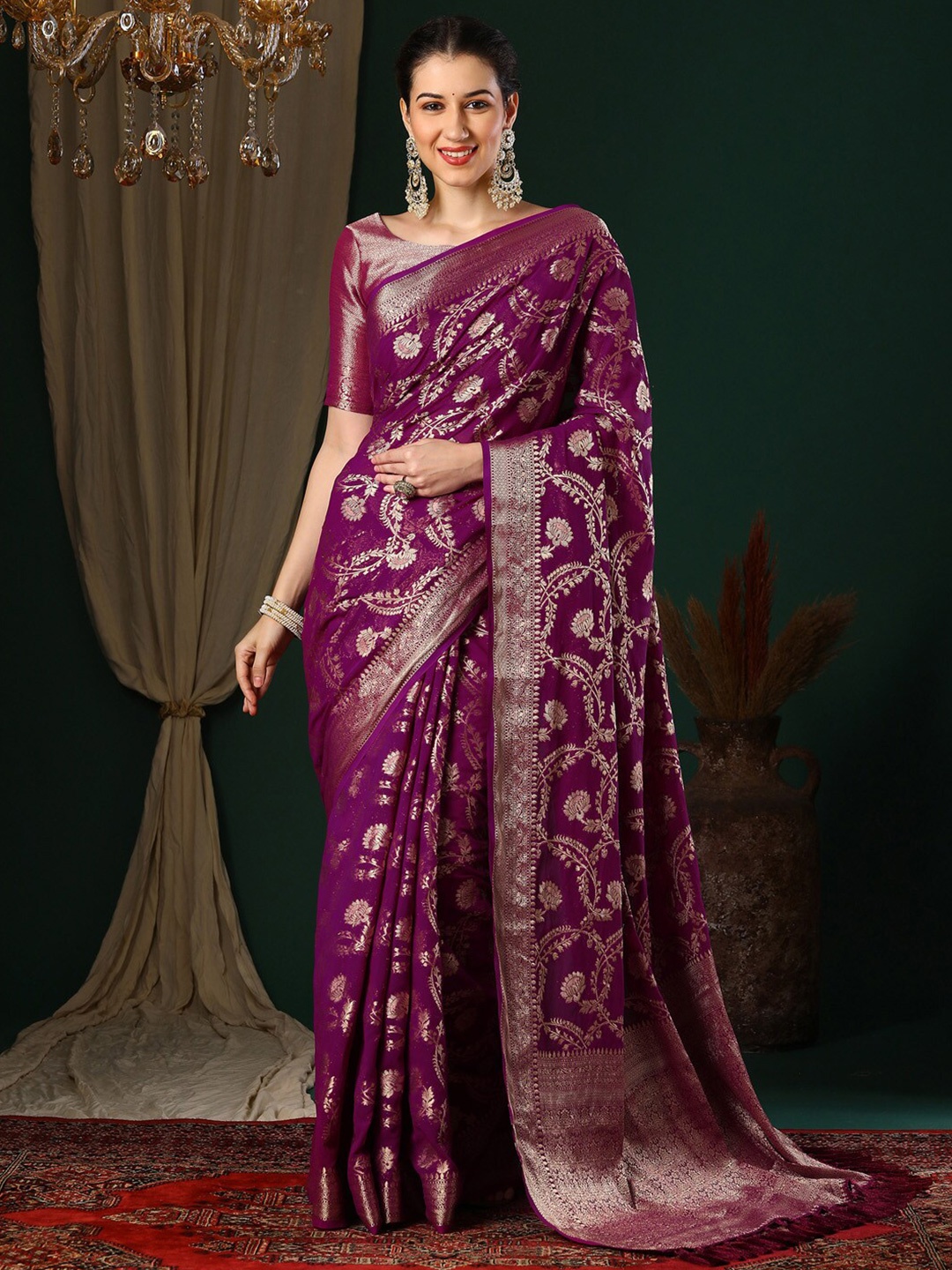 

Anouk Ethnic Motifs Zari Pure Georgette Kanjeevaram Saree, Magenta