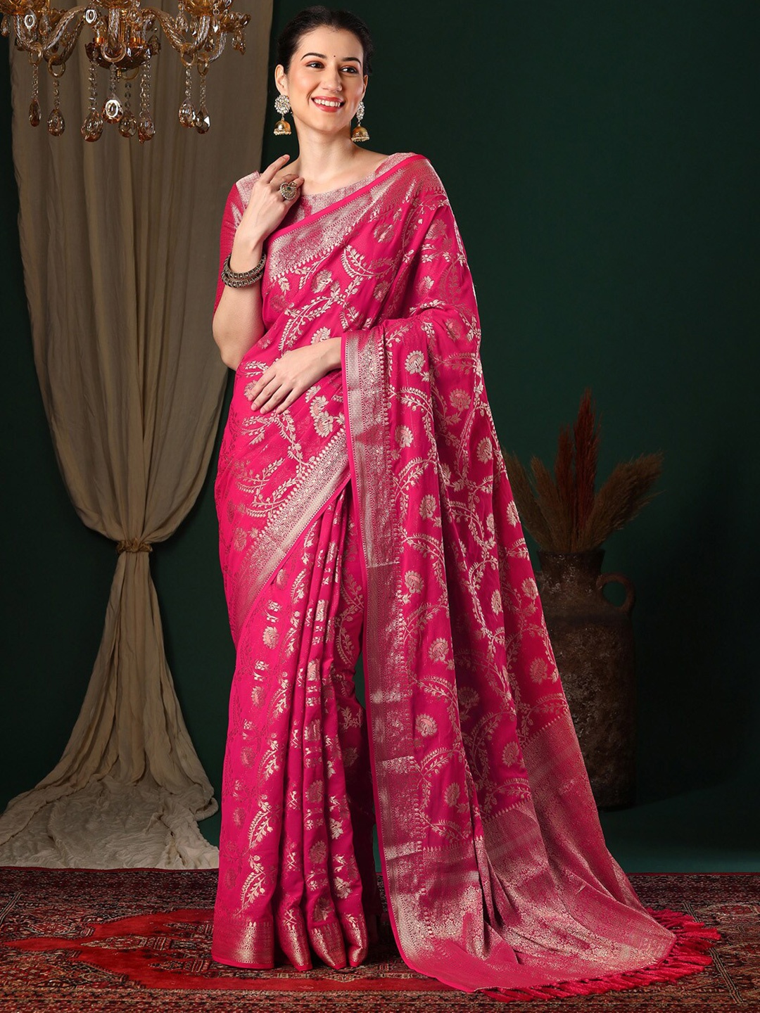 

Anouk Ethnic Motifs Zari Pure Georgette Kanjeevaram Saree, Pink