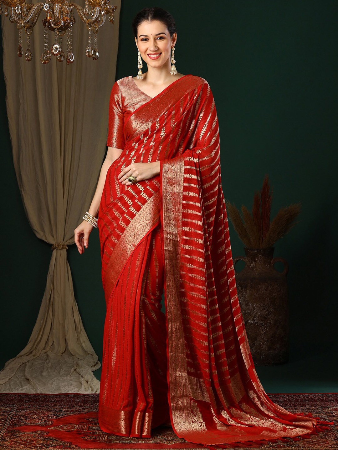 

Anouk Striped Woven Design Zari Pure Georgette Kanjeevaram Saree, Red