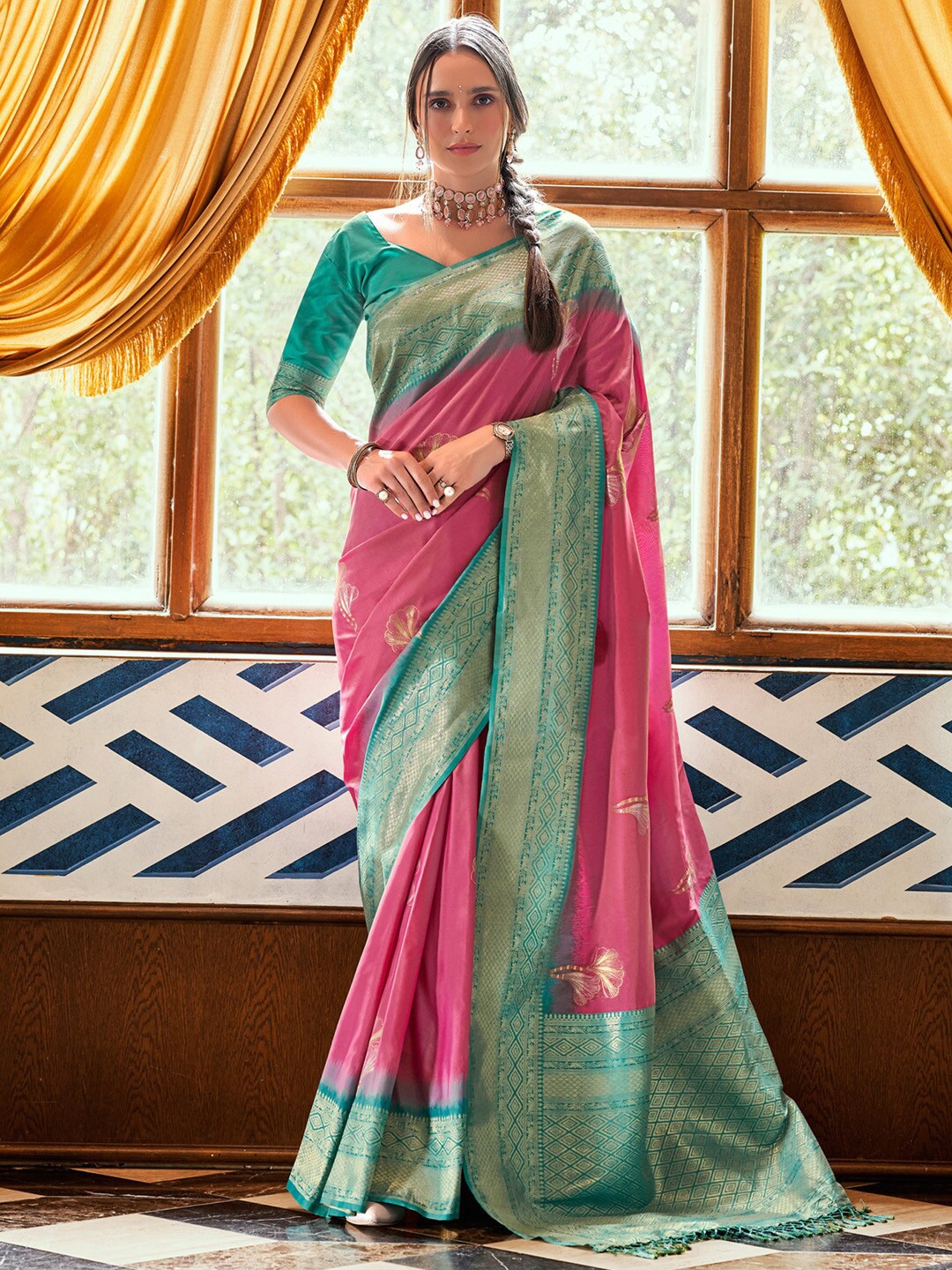 

Anouk Pink & Blue Ethnic Motifs Woven Design Zari Banarasi Saree