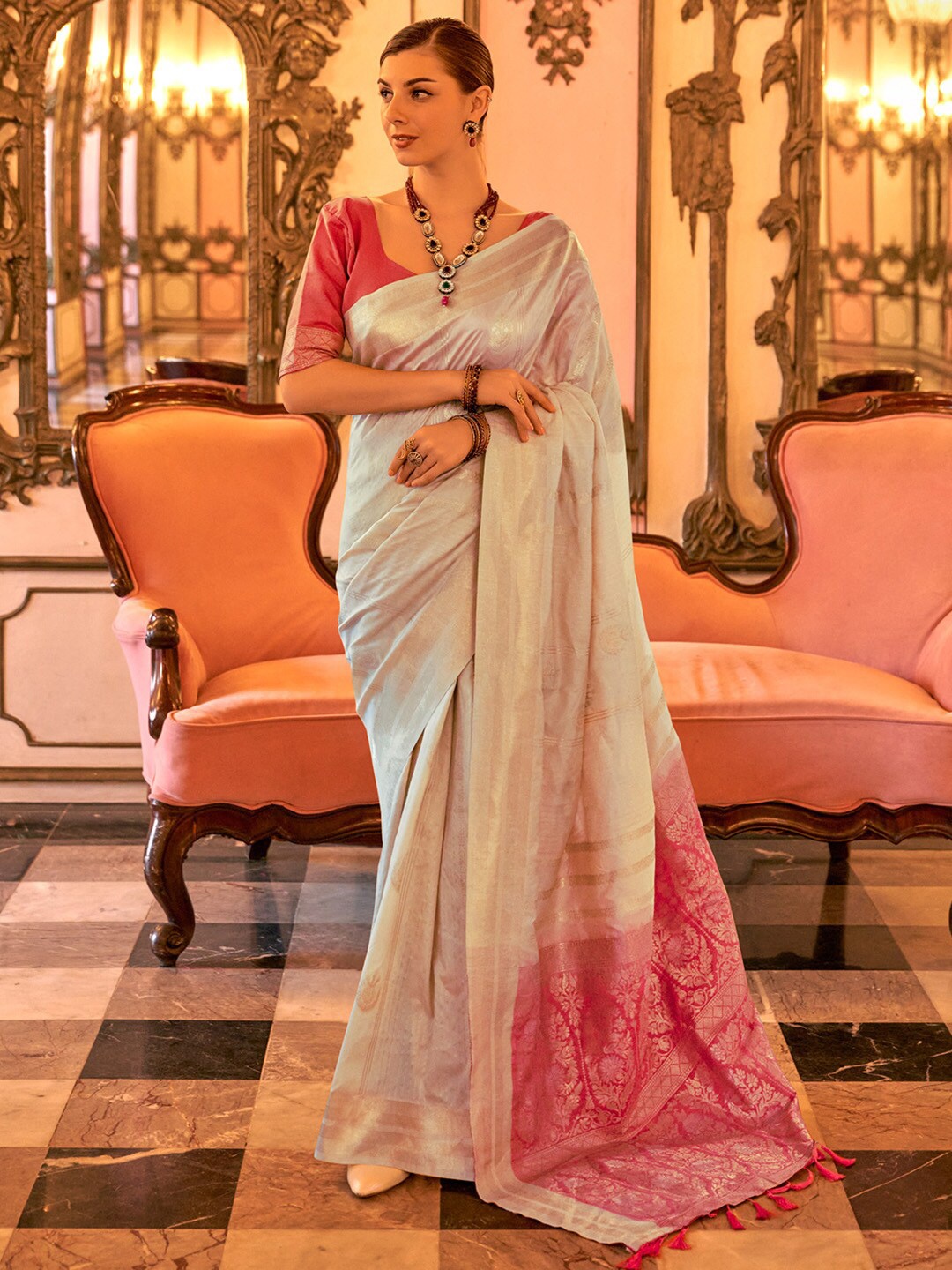 

Anouk Ethnic Motifs Zari Banarasi Saree, Cream
