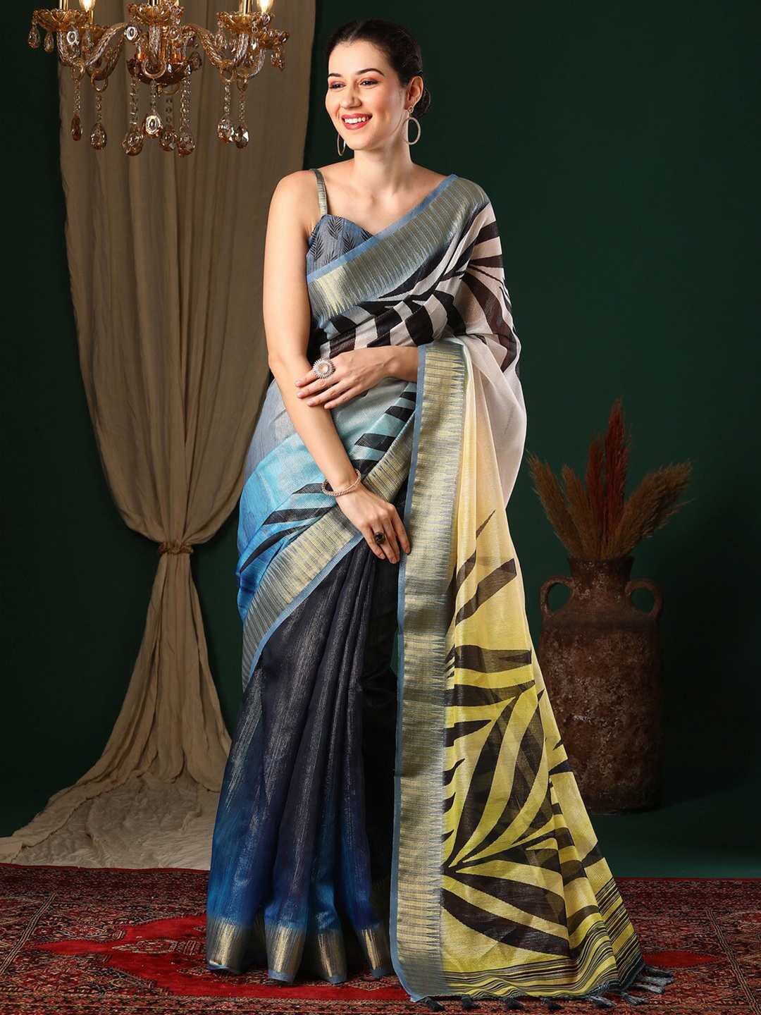 

Anouk Navy Blue Floral Printed Woven Design Block Print Zari Organza Saree