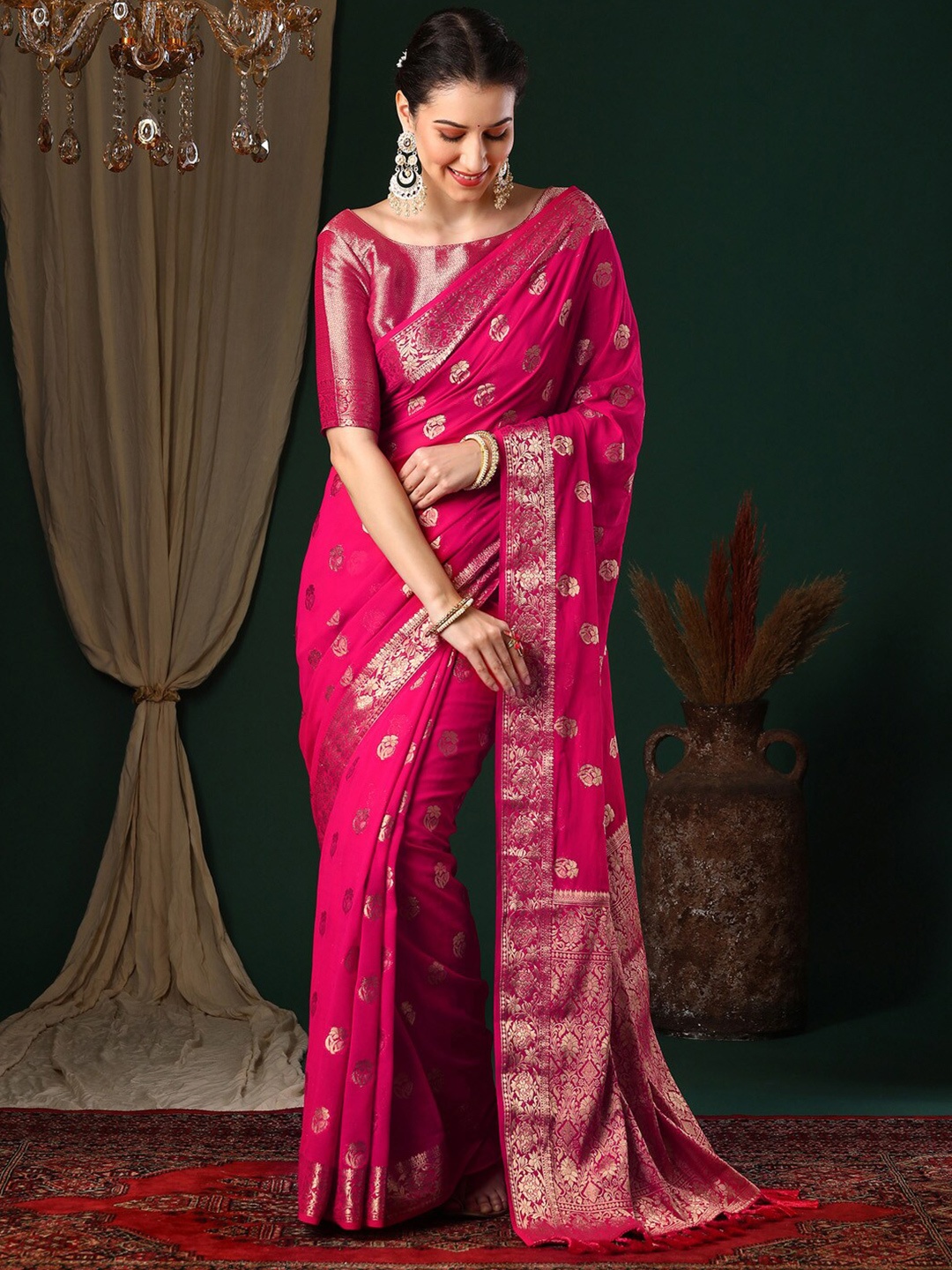 

Anouk Ethnic Motifs Woven Design Zari Pure Georgette Kanjeevaram Saree, Pink