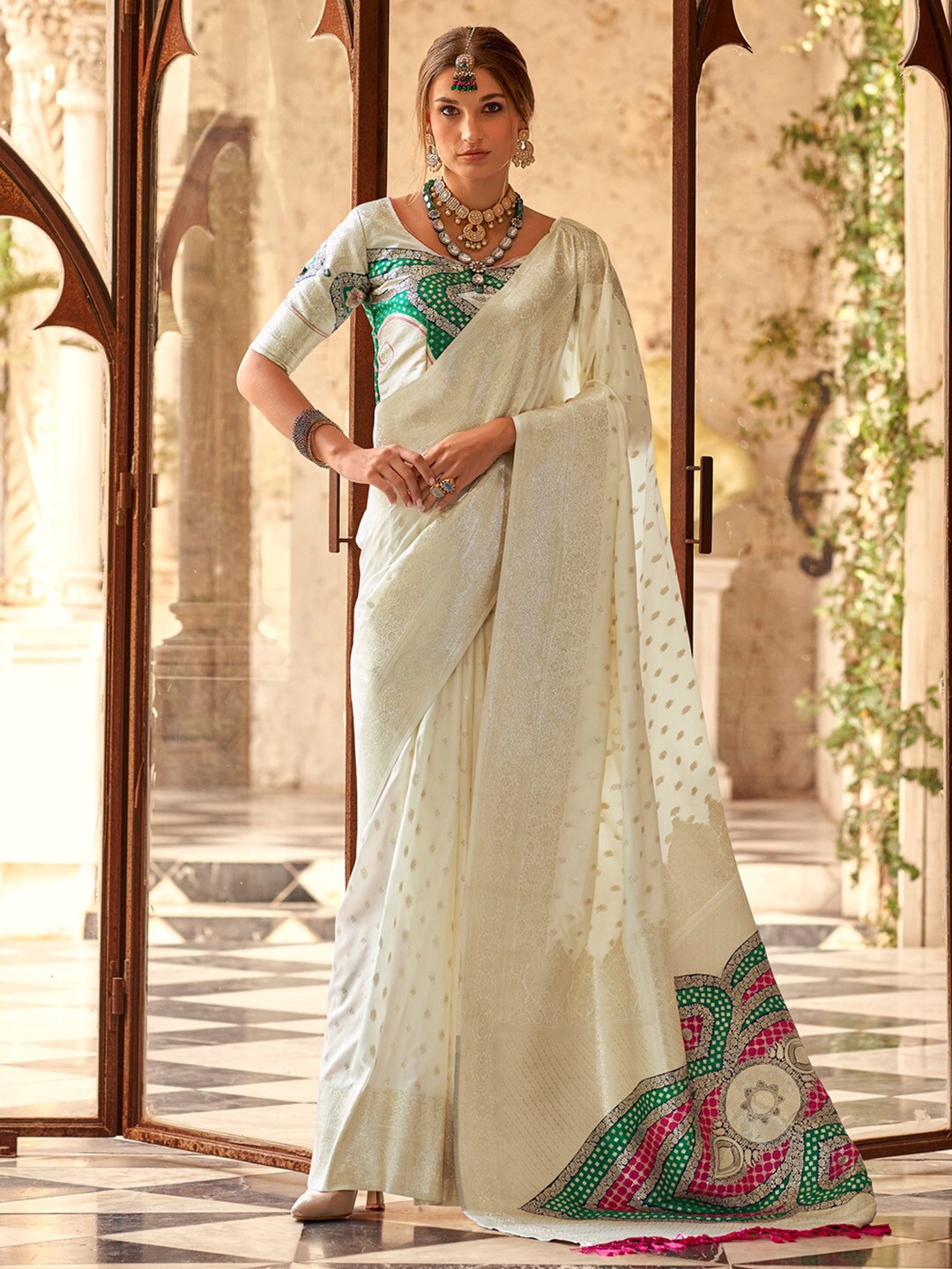 

Anouk Off White & Green Ethnic Motifs Woven Design Zari Banarasi Saree