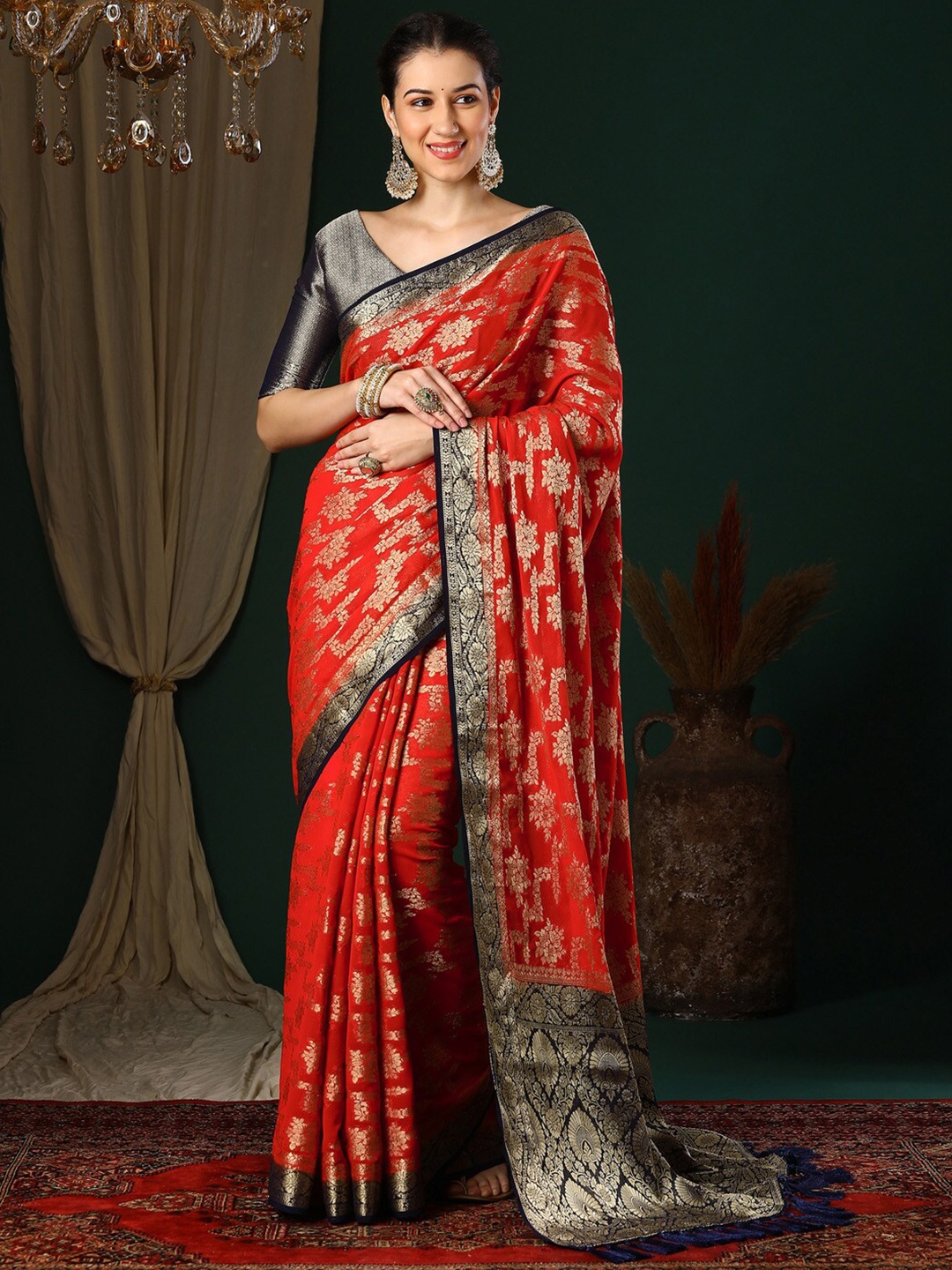 

Anouk Ethnic Motifs Woven Design Zari Pure Georgette Kanjeevaram Saree, Red