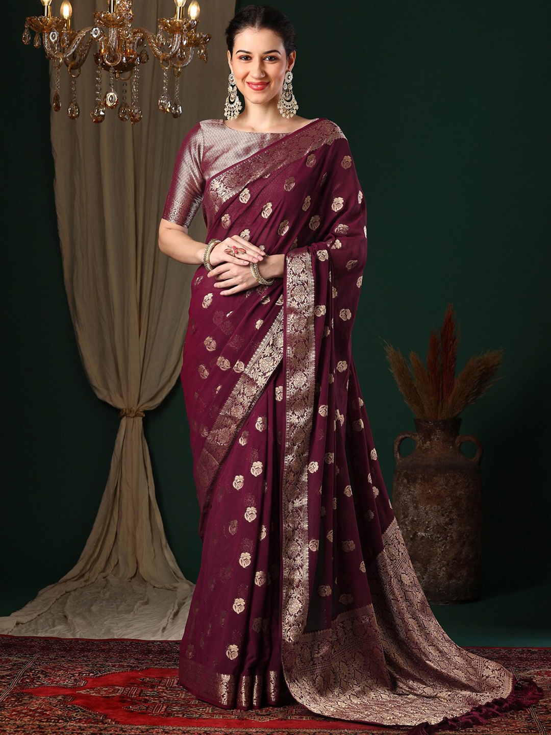 

Anouk Ethnic Motifs Zari Pure Georgette Kanjeevaram Saree, Magenta