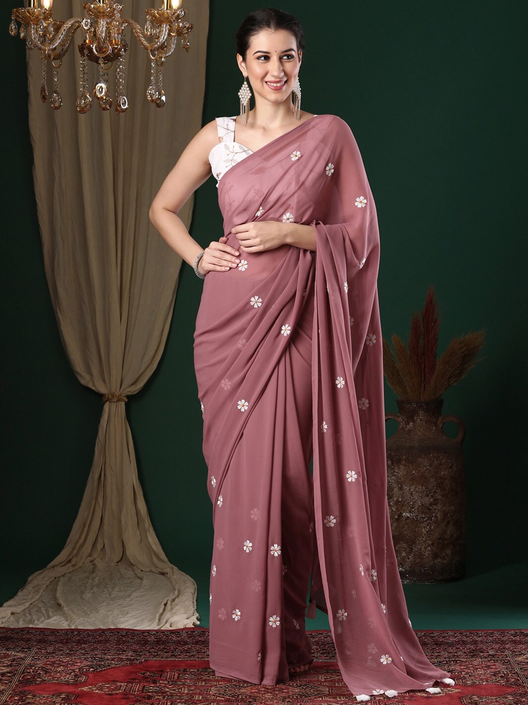 

Anouk Rose Gold Paisley Embroidered Pure Georgette Saree