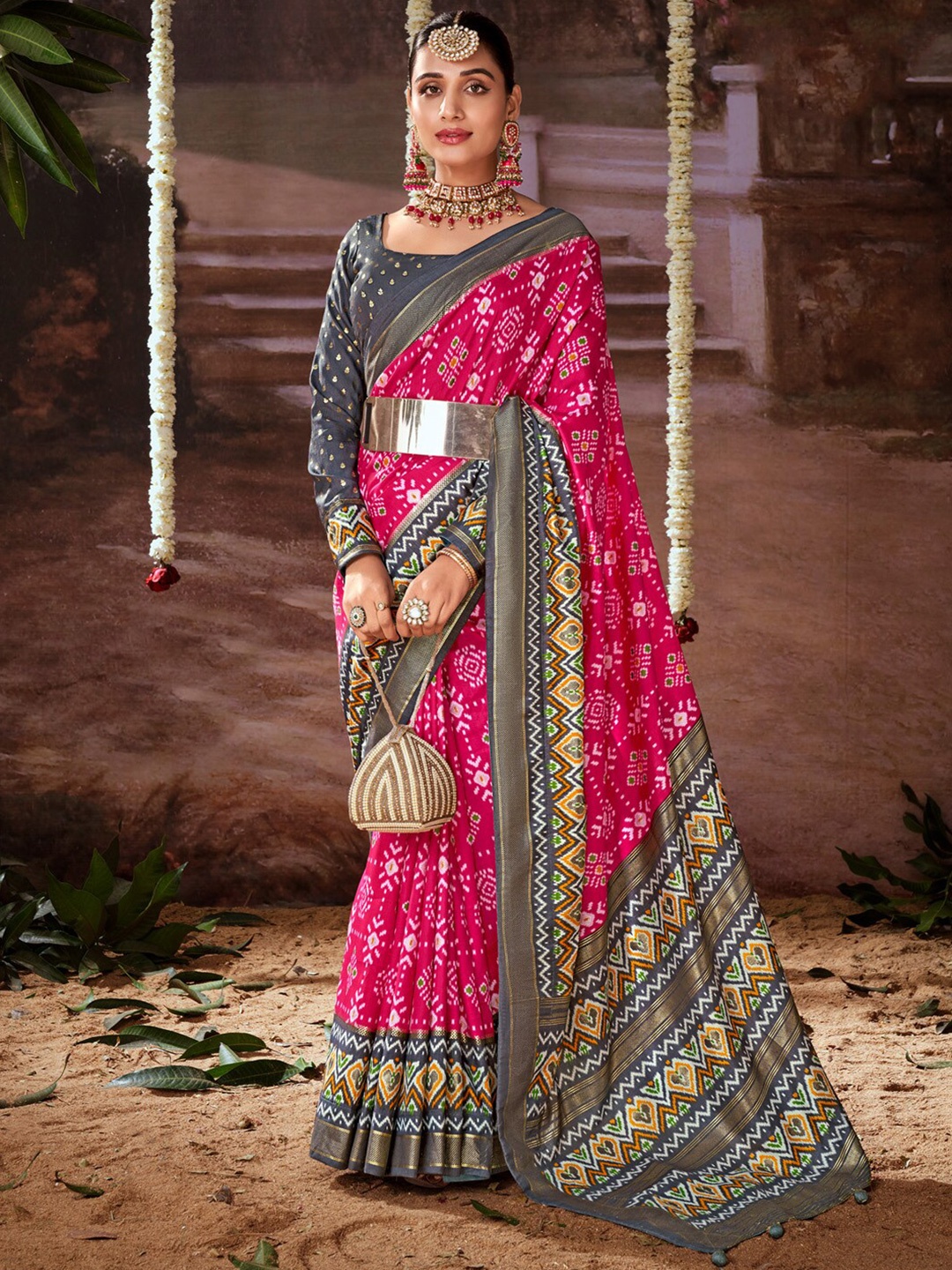 

Anouk Pink Ethnic Motifs Printed Zari Saree