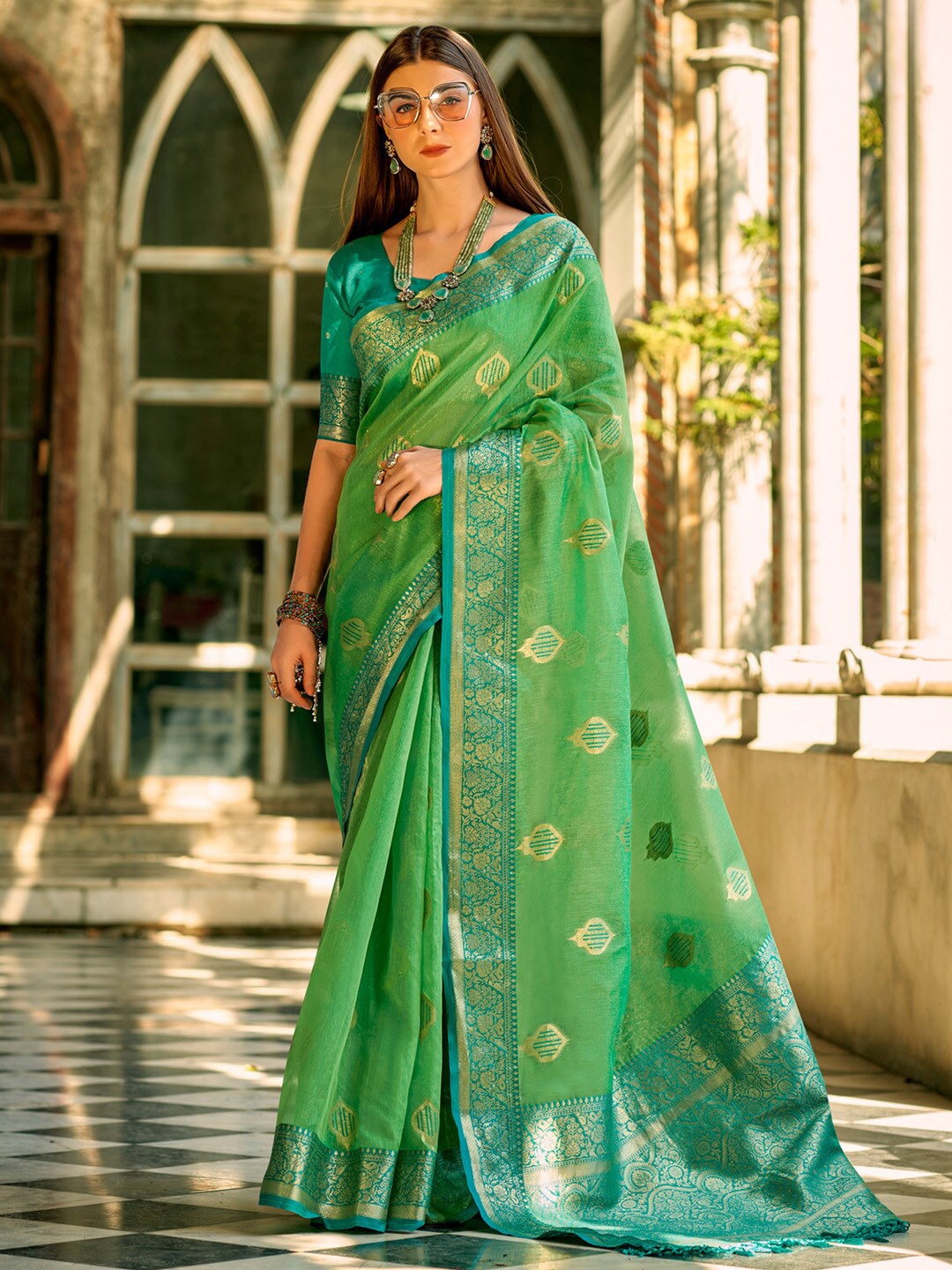 

Anouk Green & Blue Ethnic Motifs Woven Design Zari Banarasi Saree