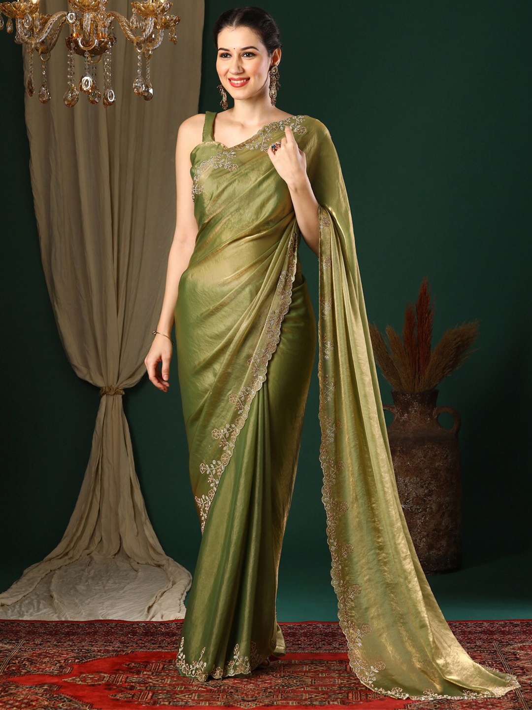 

Anouk Beads and Stones Embellished Organza Saree, Olive