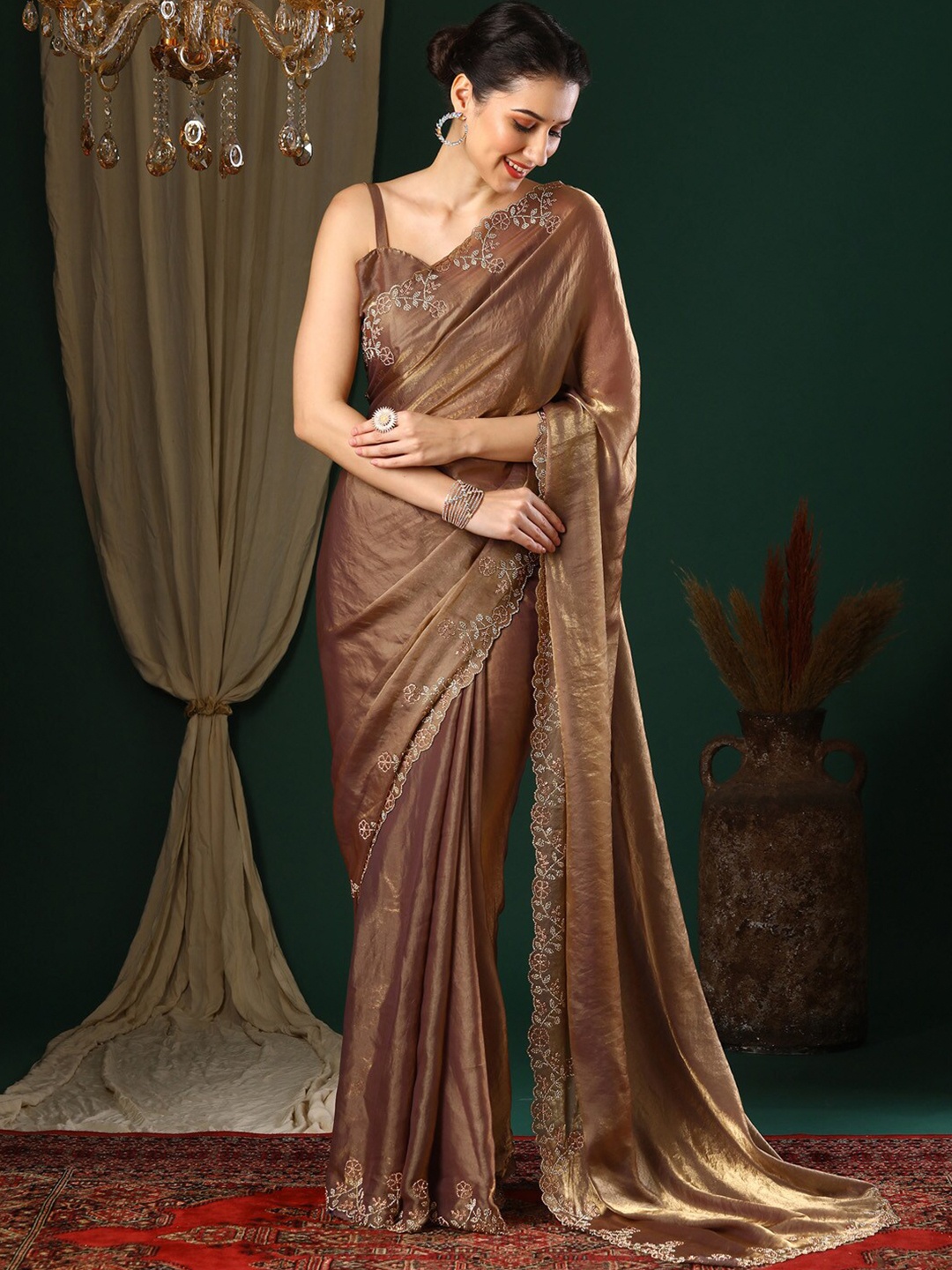 

Anouk Brown Embroidered Embellished Beads and Stones Organza Saree