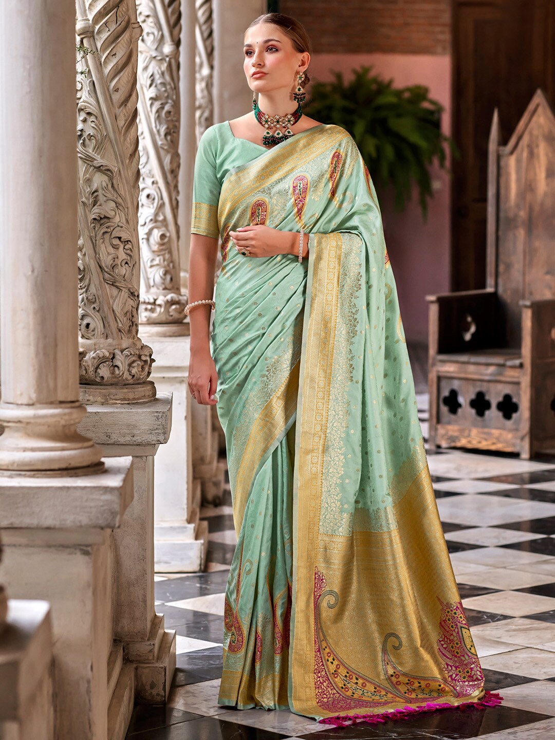 

Anouk Sea Green Ethnic Motifs Woven Design Zari Saree