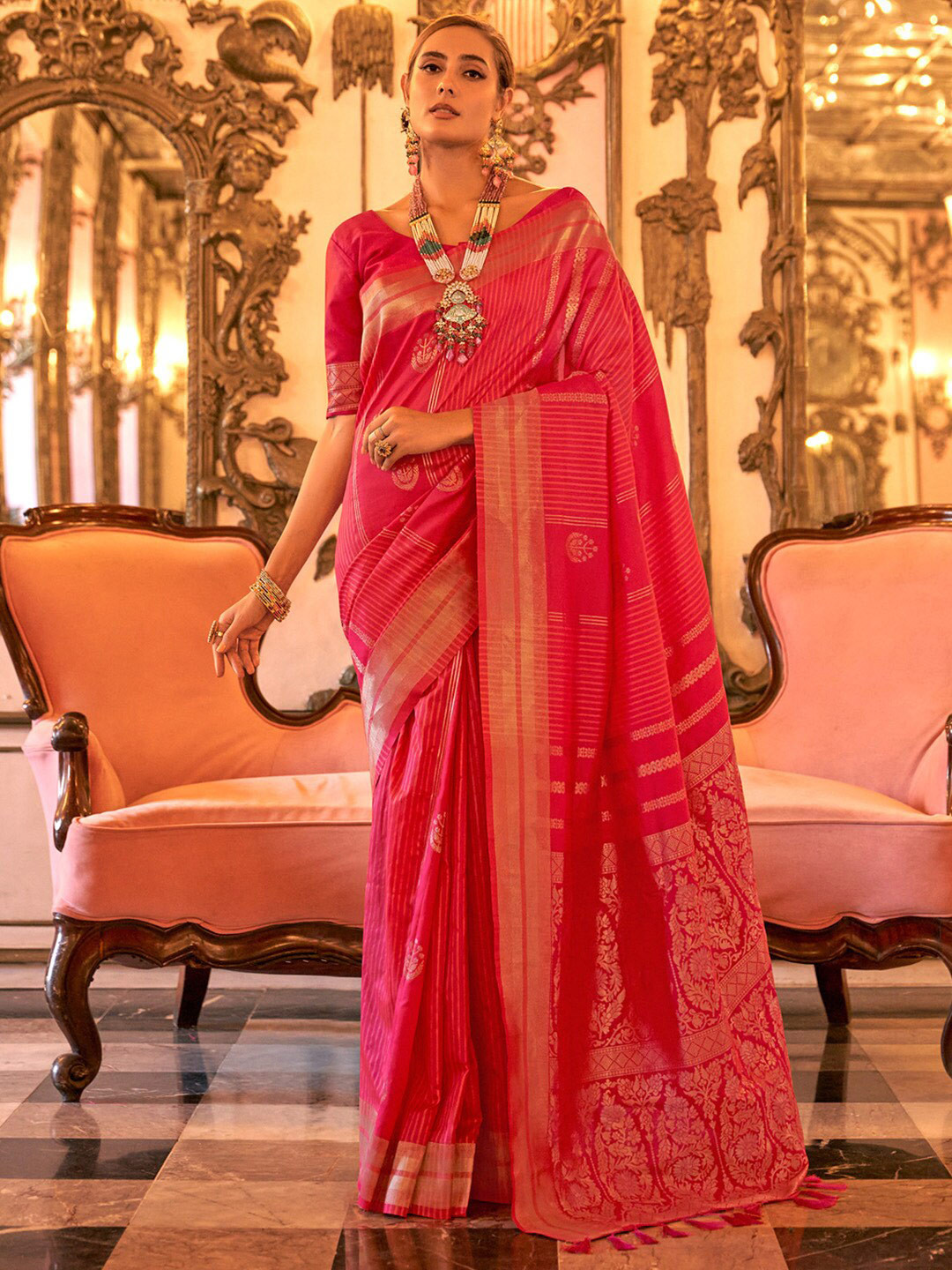 

Anouk Pink Ethnic Woven Design Zari Banarasi Saree