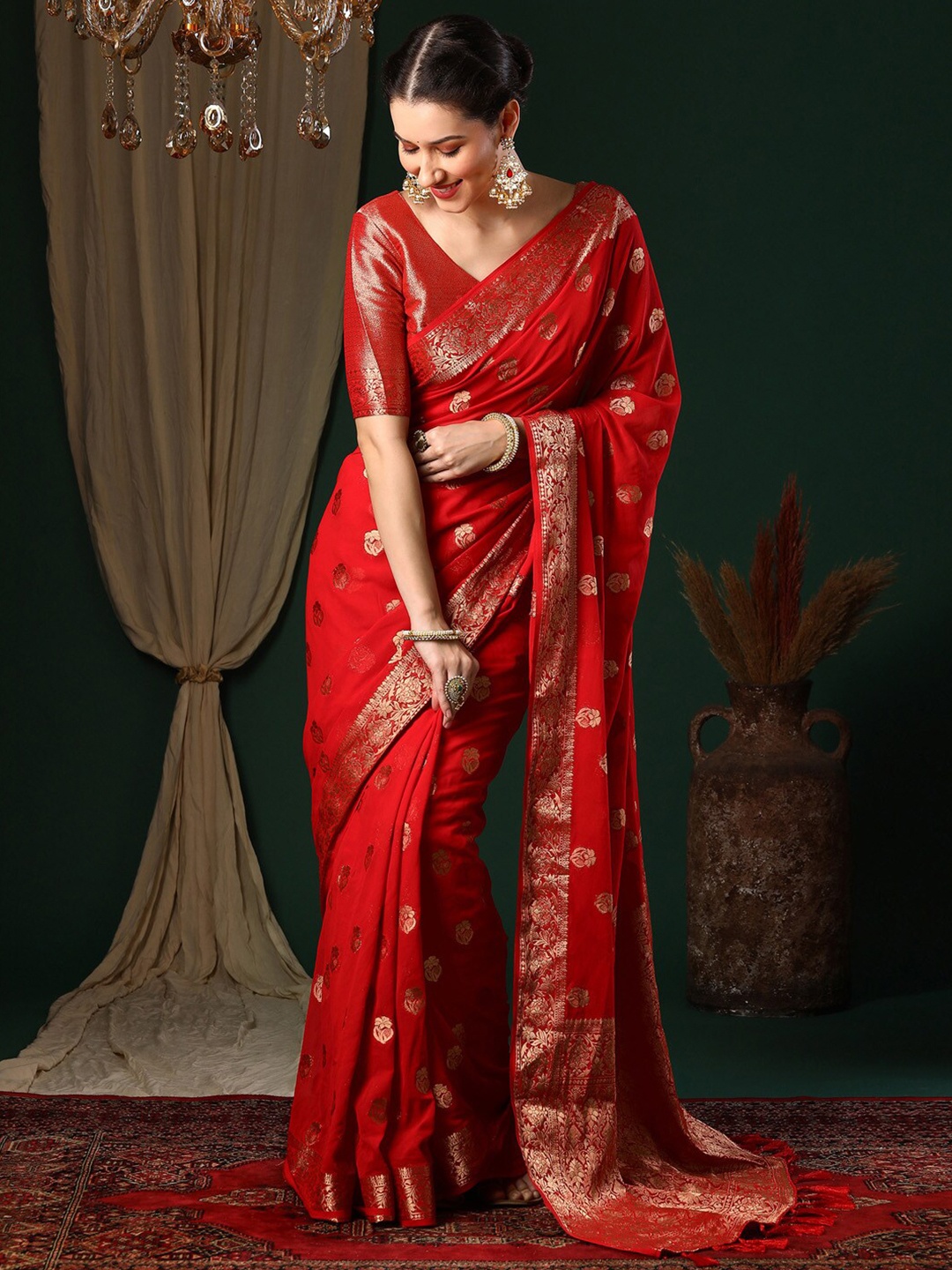 

Anouk Red Ethnic Motifs Woven Design Zari Pure Georgette Kanjeevaram Saree