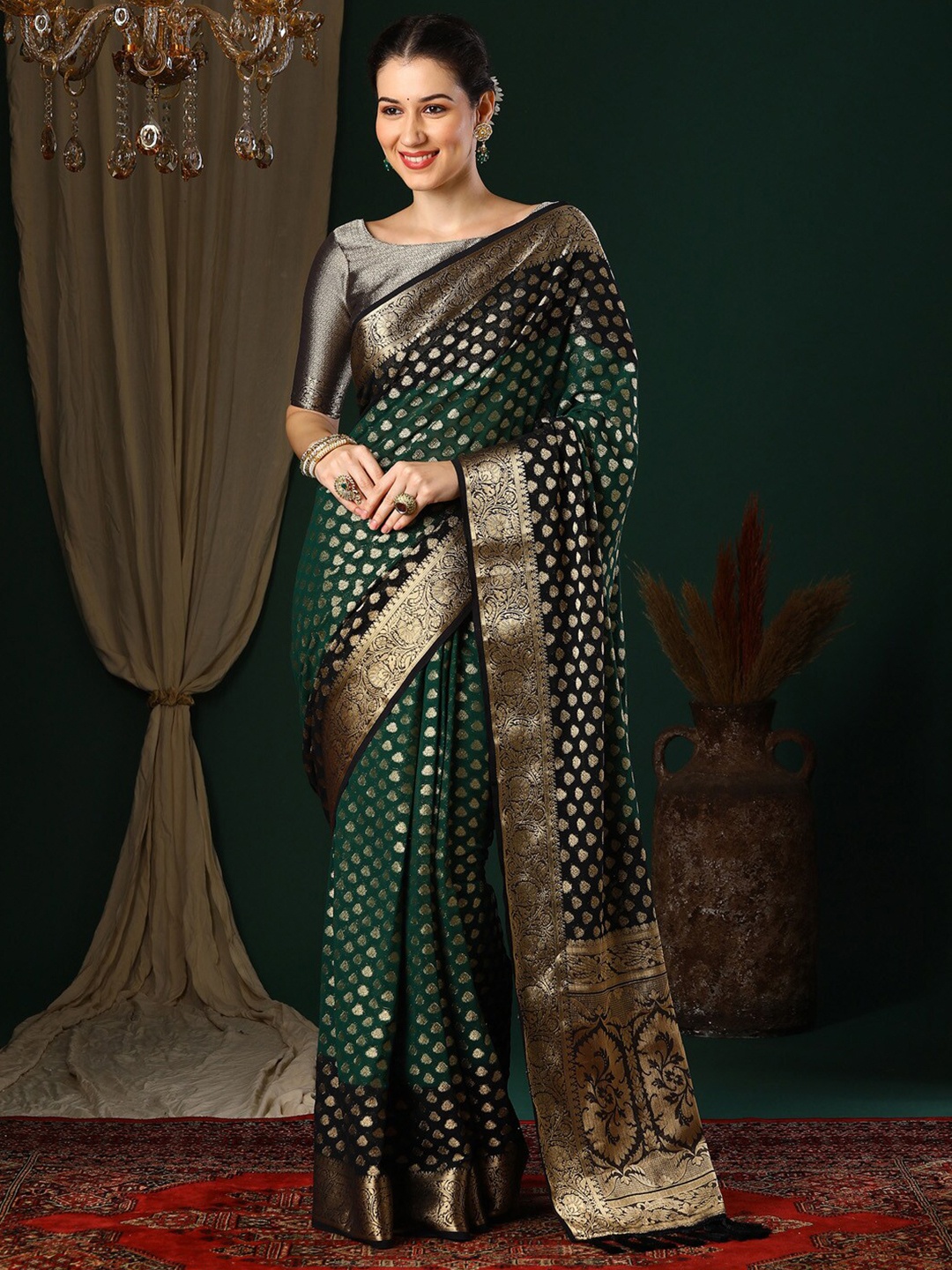 

Anouk Green Ethnic Motifs Woven Design Zari Pure Georgette Kanjeevaram Saree