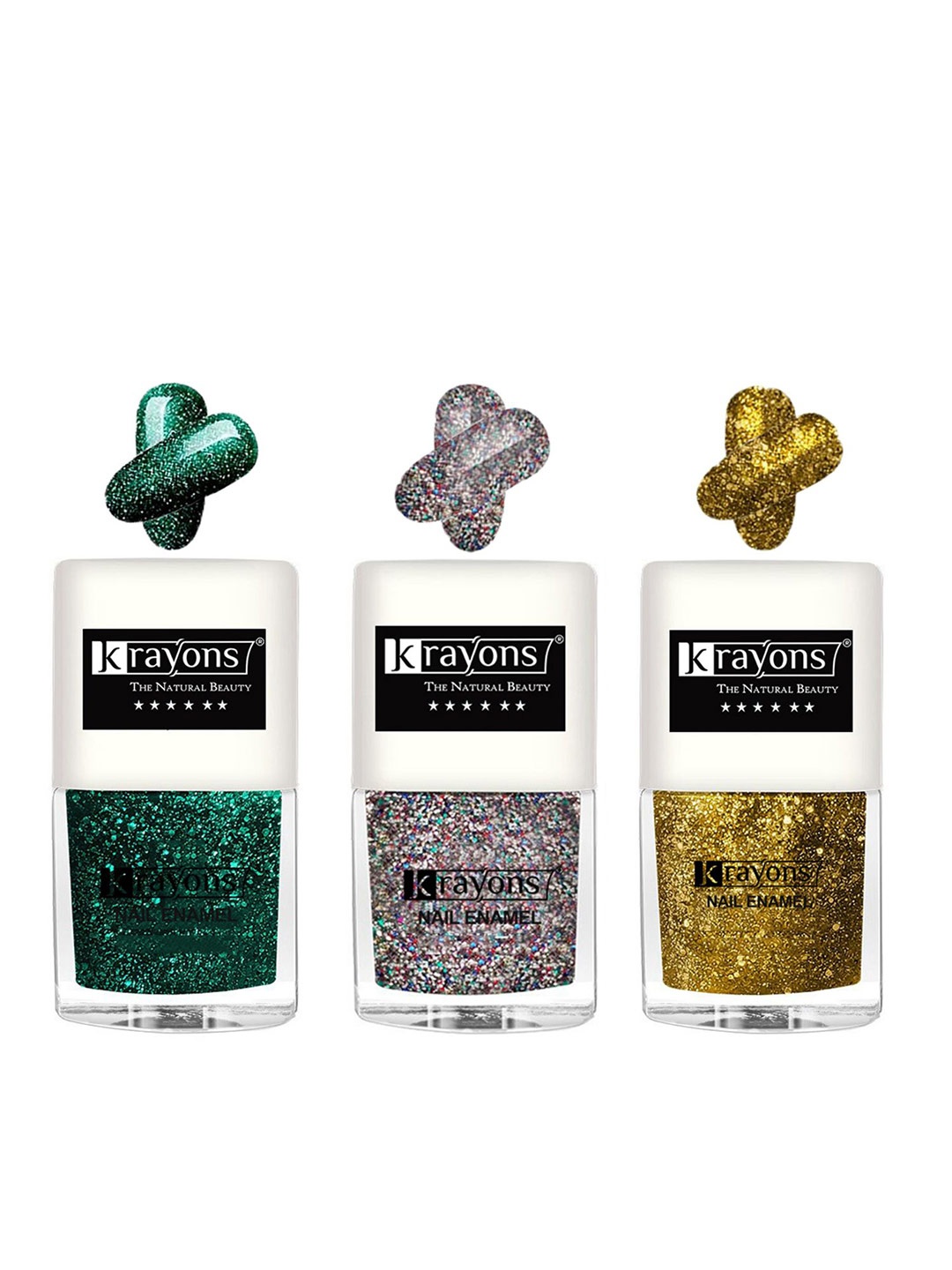 

krayons Set Of 3 Glitter Quick-Dry Long-Lasting Nail Paint - 5ml each, Green