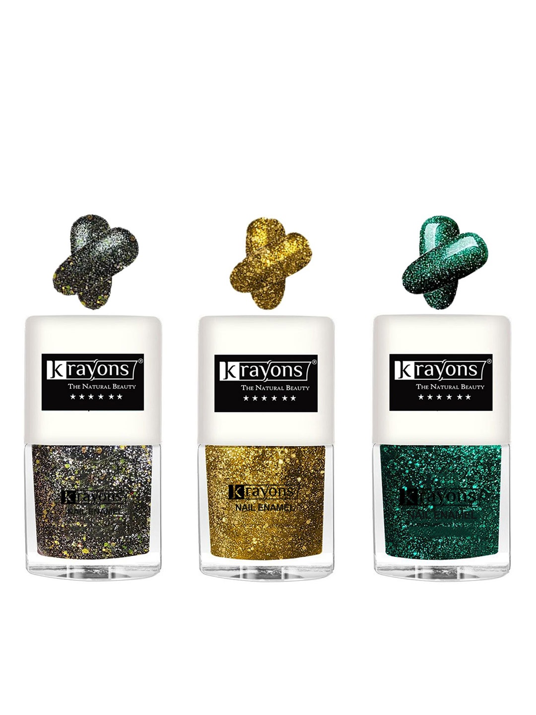 

krayons Set Of 3 Glitter Quick-Dry Long-Lasting Nail Paint - 5ml each, Green