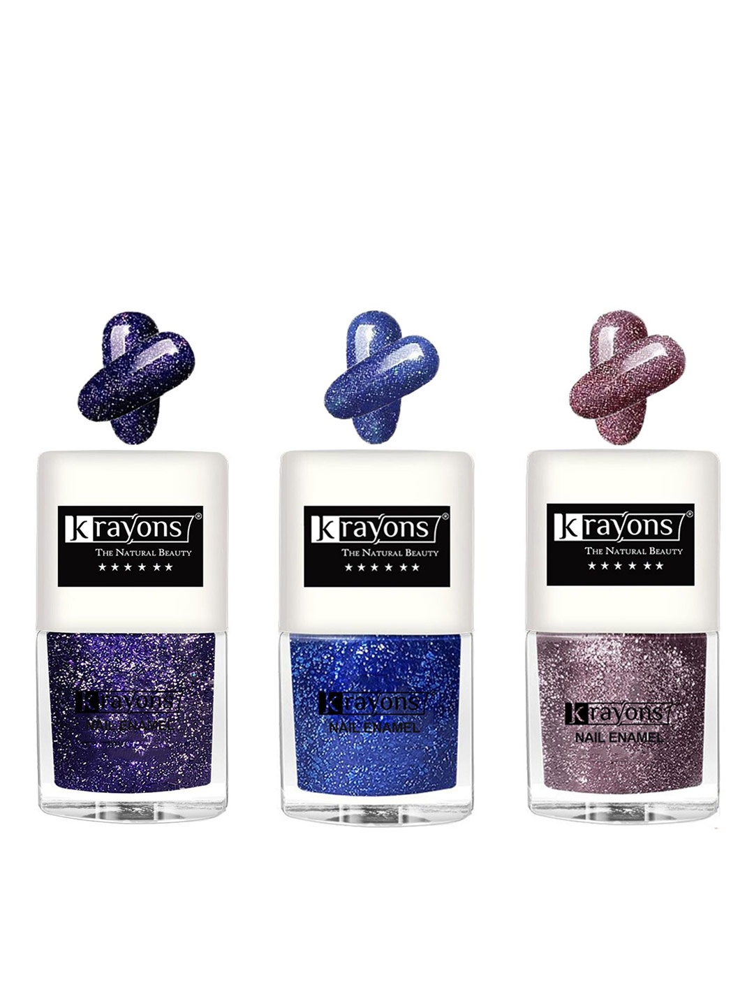 

krayons Set Of 3 Glitter Quick-Dry Long-Lasting Nail Paint - 5ml each, Blue