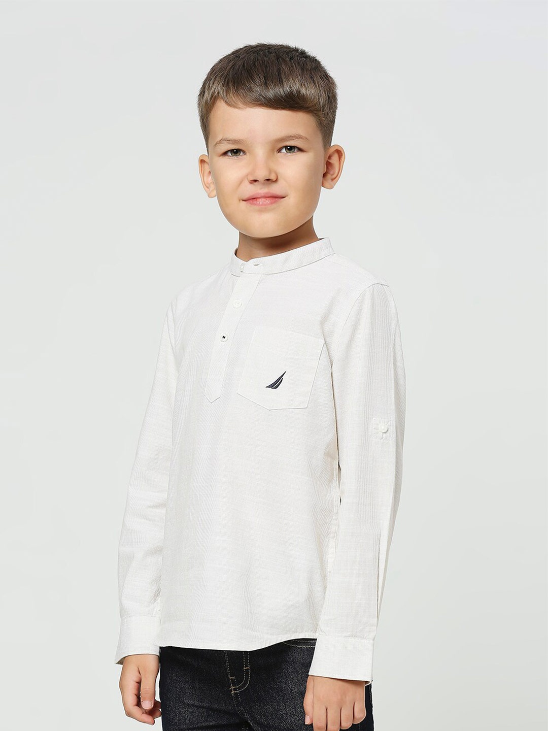 

Nautica Boys Premium Pinstripes Mandarin Collar Cotton Striped Casual Shirt, Beige