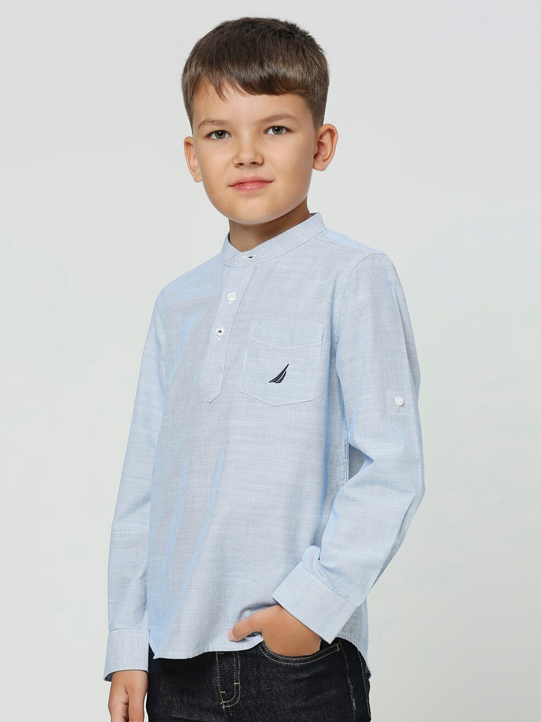 

Nautica Boys Premium Mandarin Collar Curved Cotton Casual Shirt, Blue