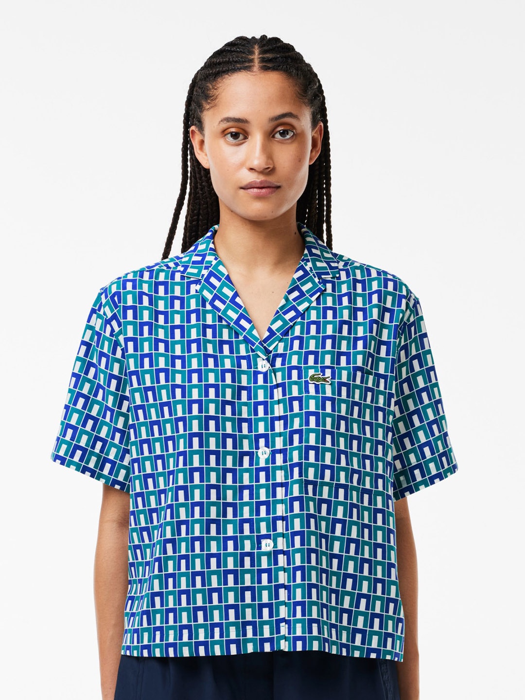 Lacoste Print Classic Cutaway Collar Short Sleeved Oversized Shirt, Blue