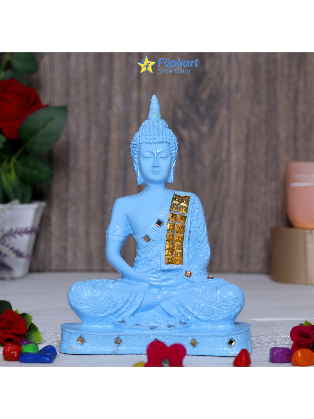 

GW CREATIONS Blue & Gold-Toned Figurine Meditation Lord Buddha Small Showpiece