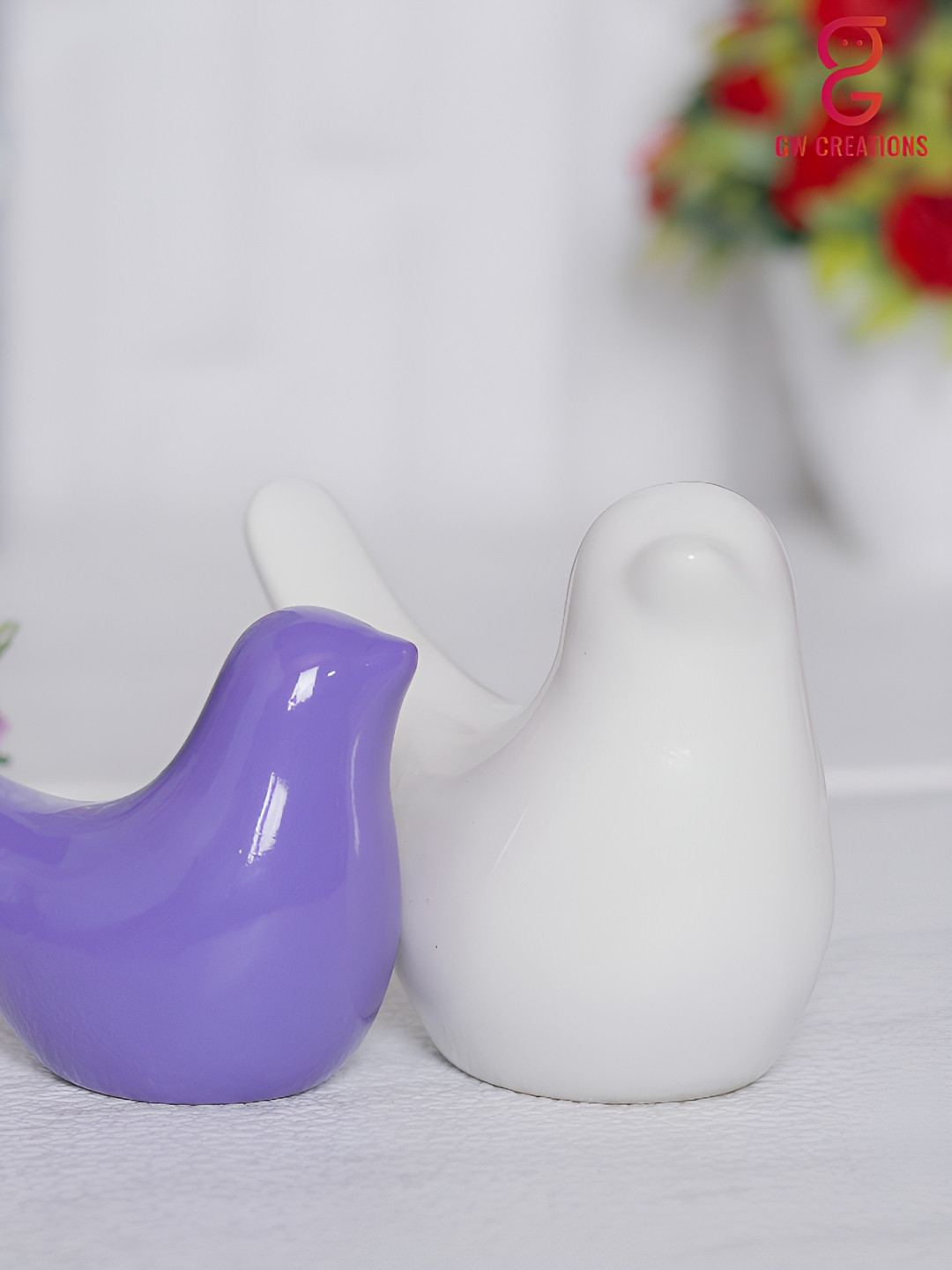 

GW CREATIONS White Purple 2 Pieces Birds Showpieces