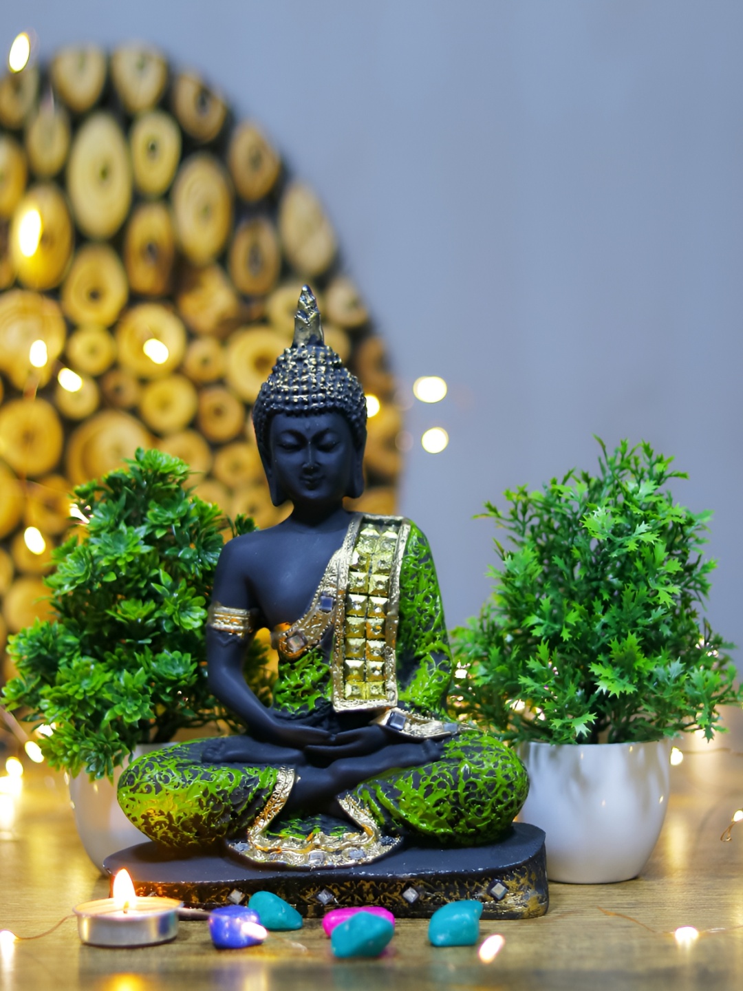

GW CREATIONS Black Buddha With Two Plant Showpiece