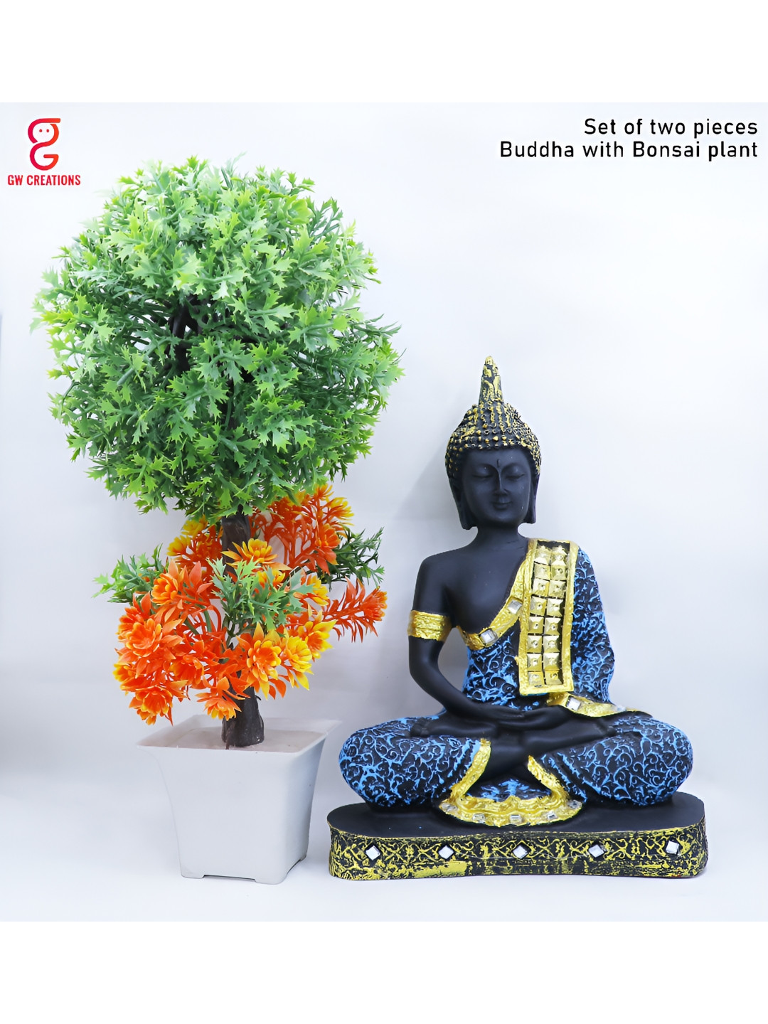

GW CREATIONS Black & Green 2 Pieces Buddha Idol With Plant Showpieces