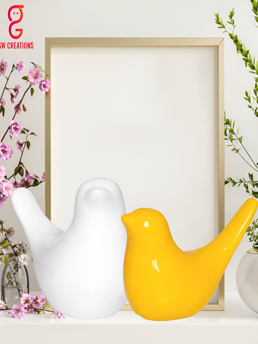 

GW CREATIONS White Yellow Cute Birds Combo Showpiece