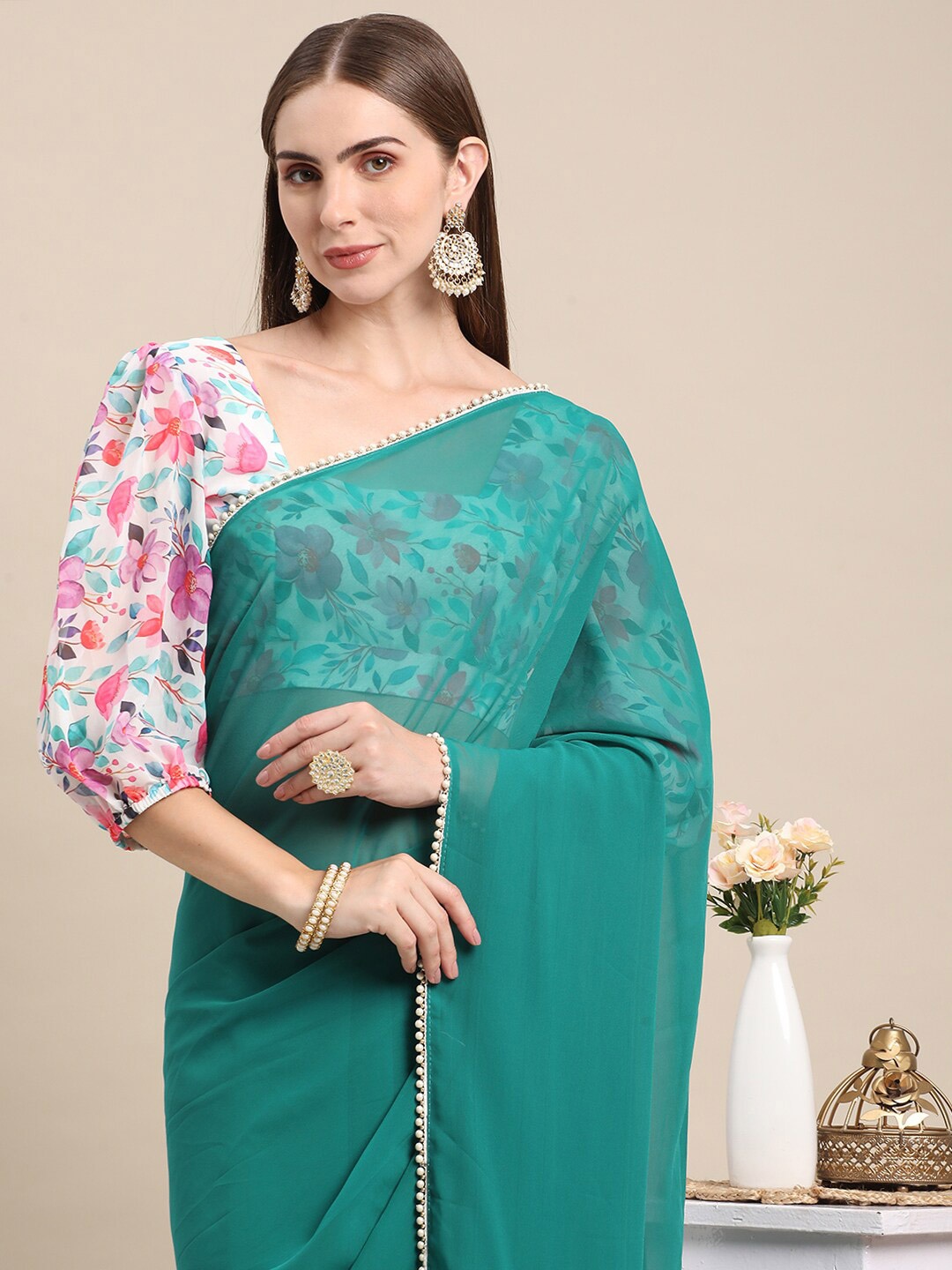 

BAPS Beads and Stones Pure Georgette Saree, Teal