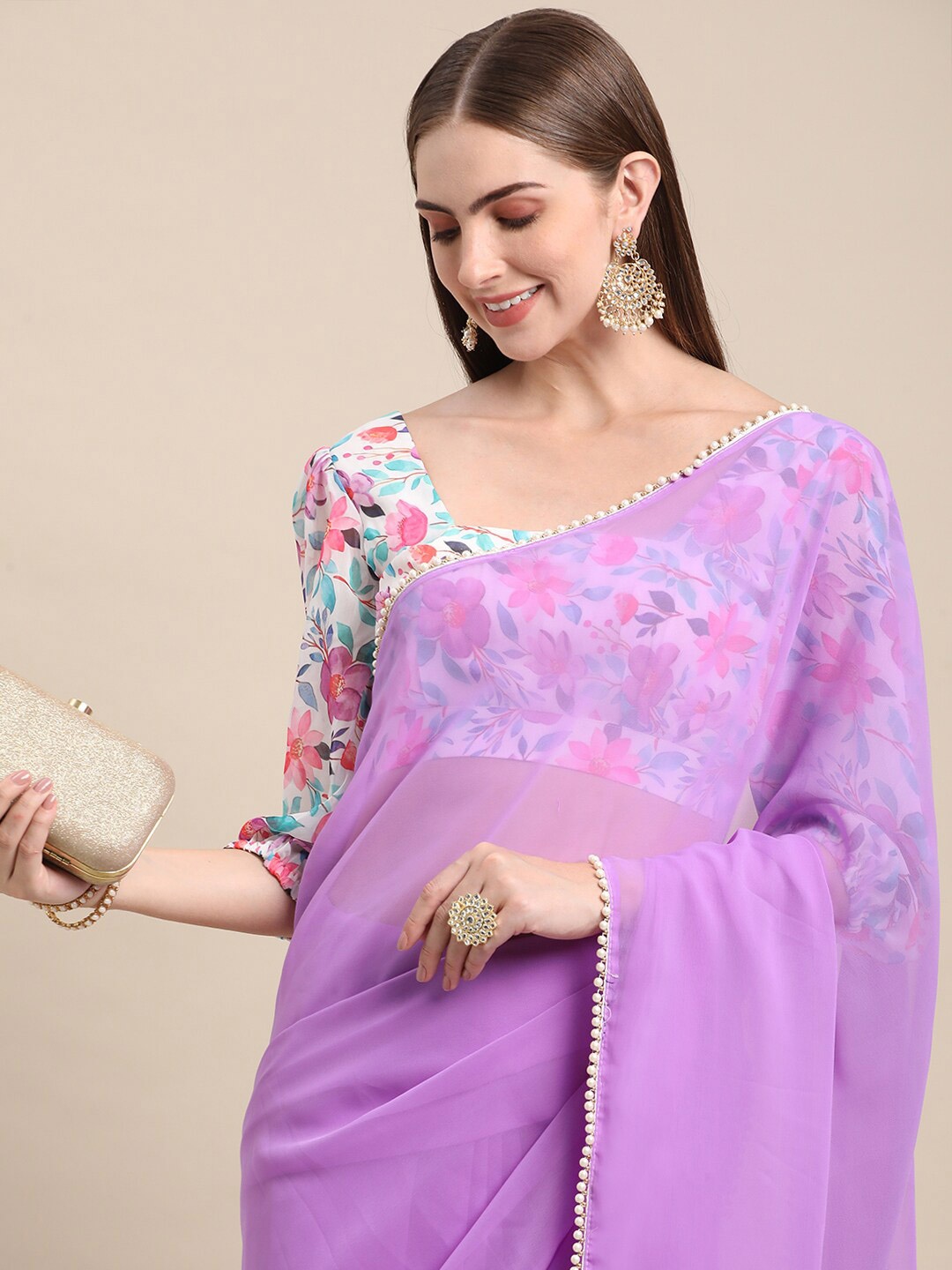

BAPS Beads and Stones Pure Georgette Saree, Lavender