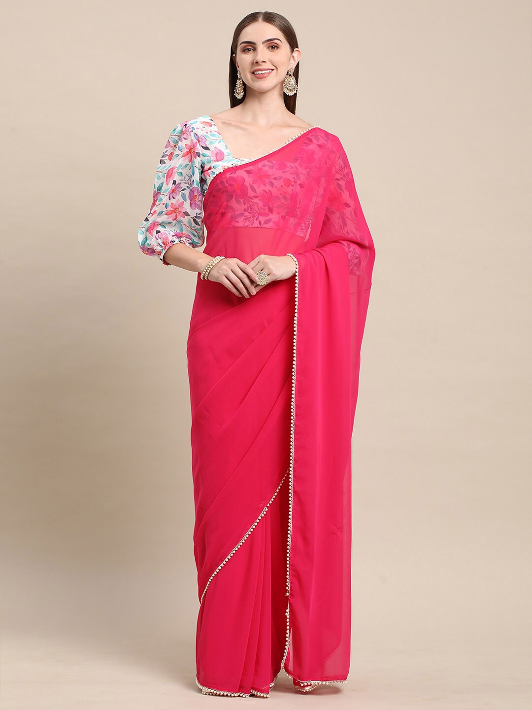 

BAPS Beads and Stones Pure Georgette Saree, Pink