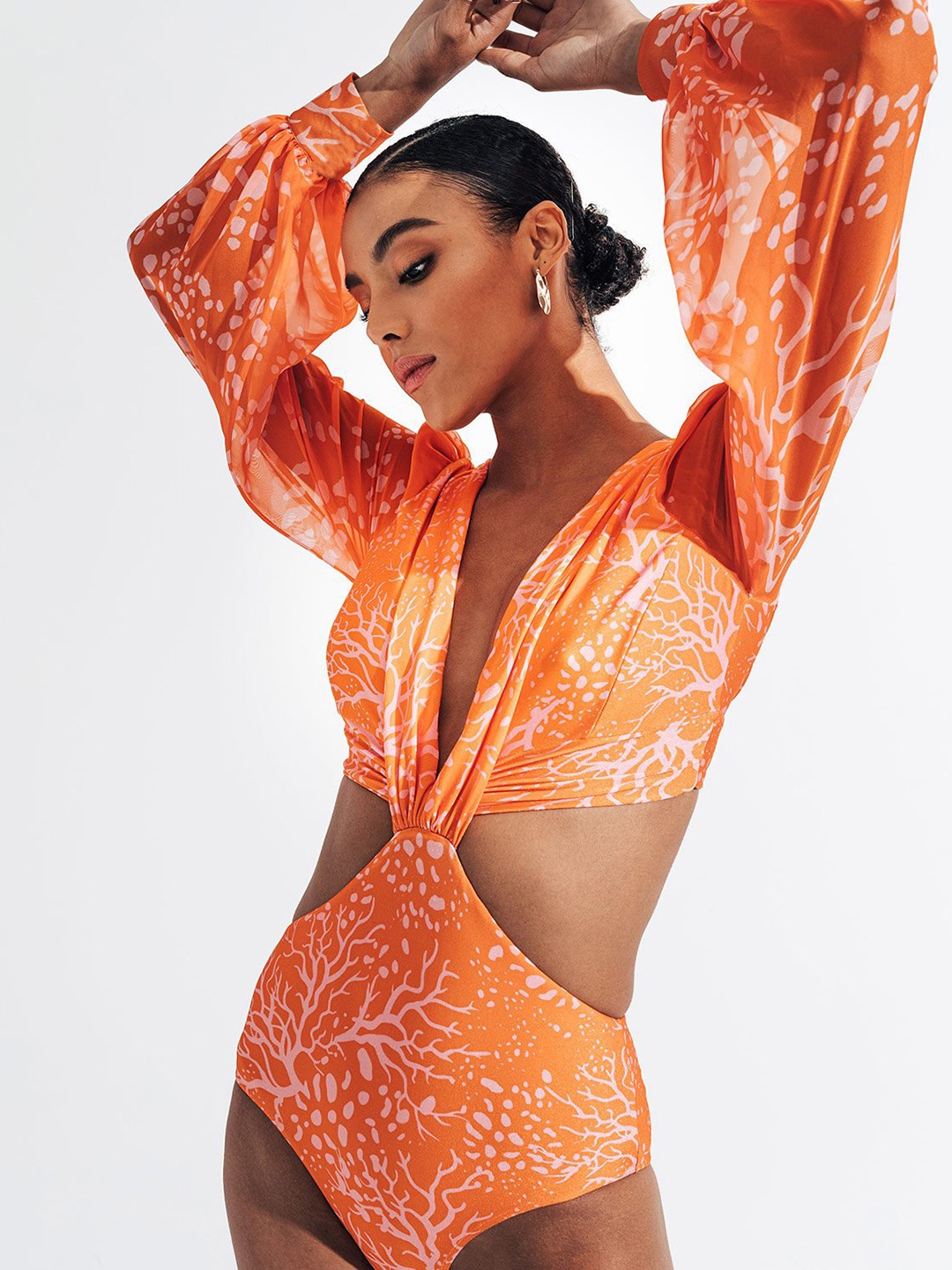 

FIESTA RESORTWEAR Printed V-Neck Bodysuit, Orange