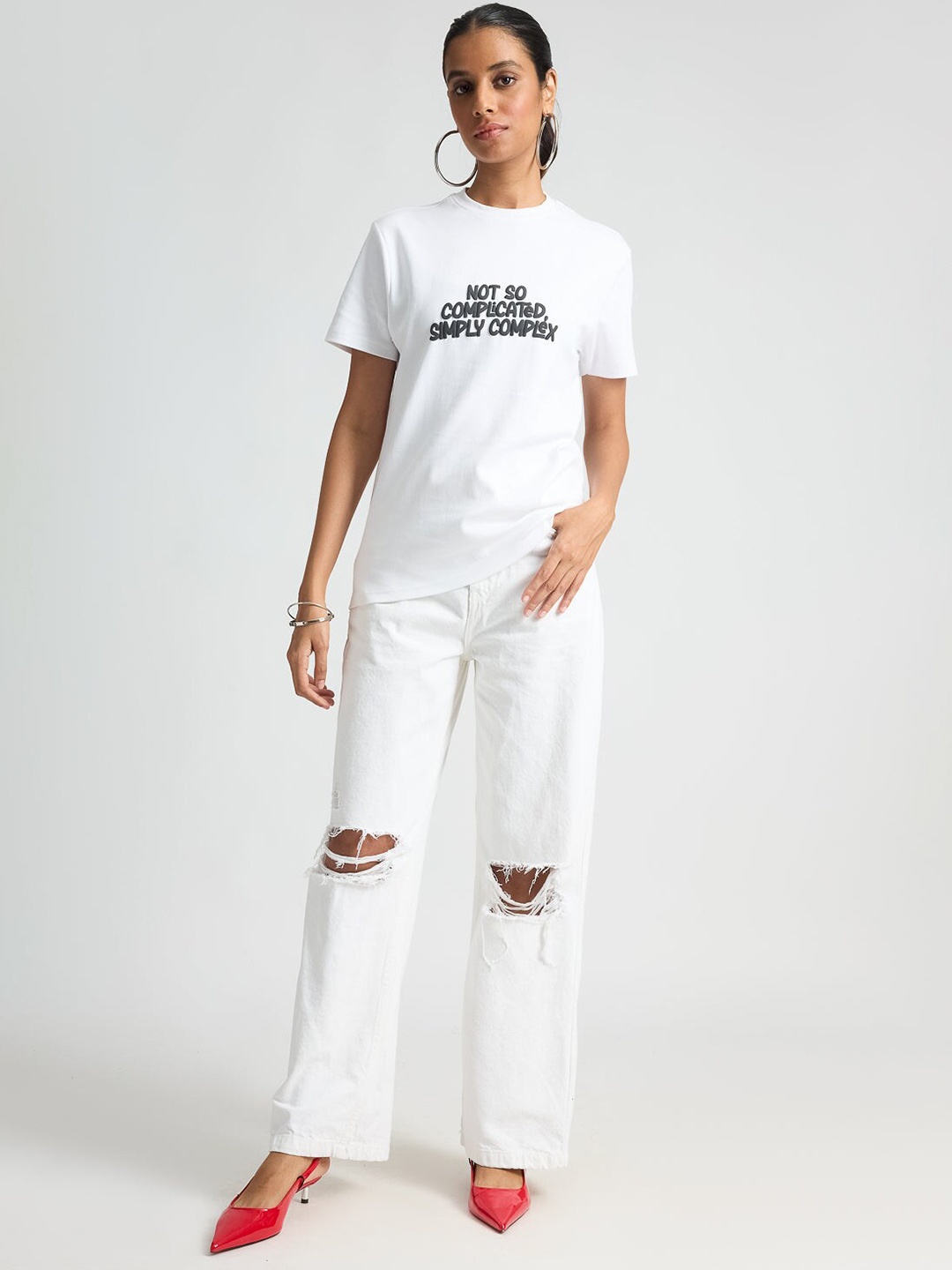 

FREAKINS Round Neck Typography Printed Cotton T-shirt, White