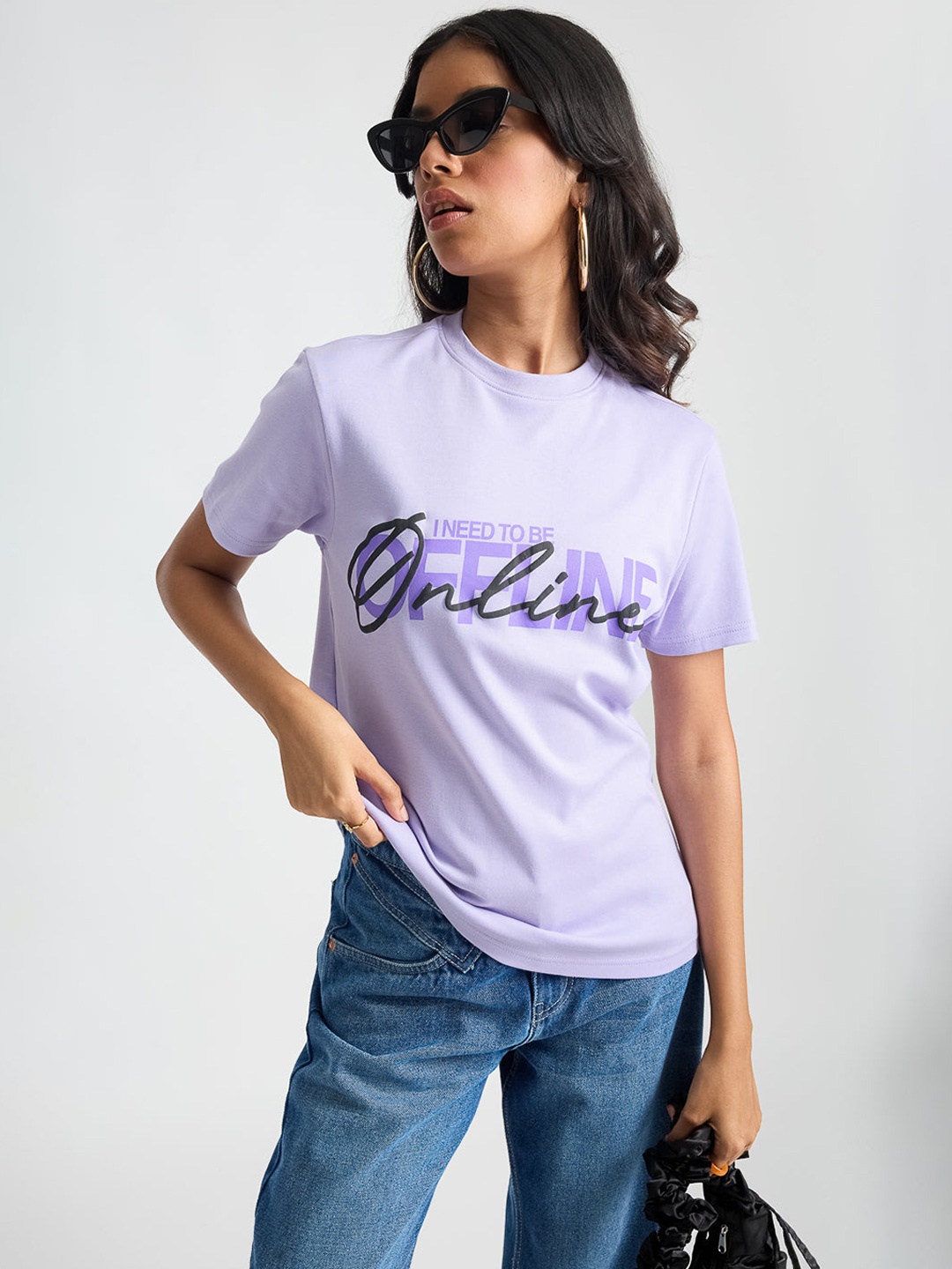 

FREAKINS Typography Printed Round Neck Pure Cotton T-shirt, Purple